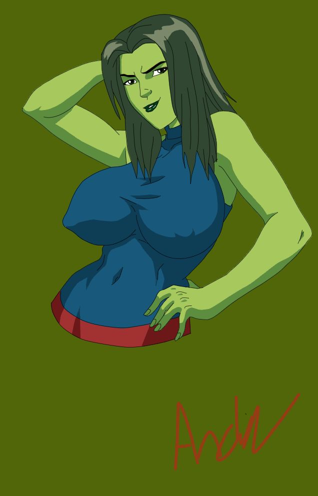 1girls andru2000 artist_name artist_signature big_breasts dark_green_hair female female_only fully_clothed green-skinned_female green_body green_hair green_lips green_skin huge_breasts hulk_(series) large_breasts marvel marvel_animated_universe marvel_comics nipple_bulge pose posing seductive_look seductive_pose she-hulk simple_background solo