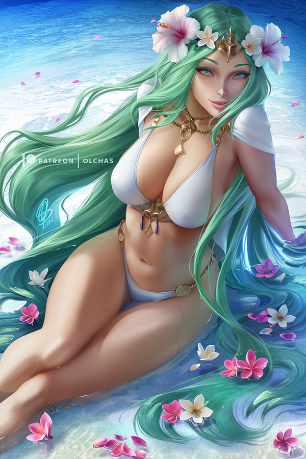 1girls alternate_costume arm_support bare_legs big_breasts bikini breasts circlet cleavage commentary english_commentary feet_out_of_frame female female_only fire_emblem fire_emblem:_three_houses fire_emblem_heroes flower flowers front-tie_bikini front-tie_top gold_trim green_eyes green_hair hair_flower hair_ornament jewelry large_breasts lips lipstick long_hair looking_at_viewer makeup midriff navel necklace nintendo official_alternate_costume olchas partially_submerged patreon_logo patreon_username petals petals_on_liquid pink_flower pinup realistic rhea_(fire_emblem) rhea_(summer)_(fire_emblem) signature sitting smile solo solo_female swimsuit very_long_hair water wavy_hair wet white_bikini white_flower white_swimsuit