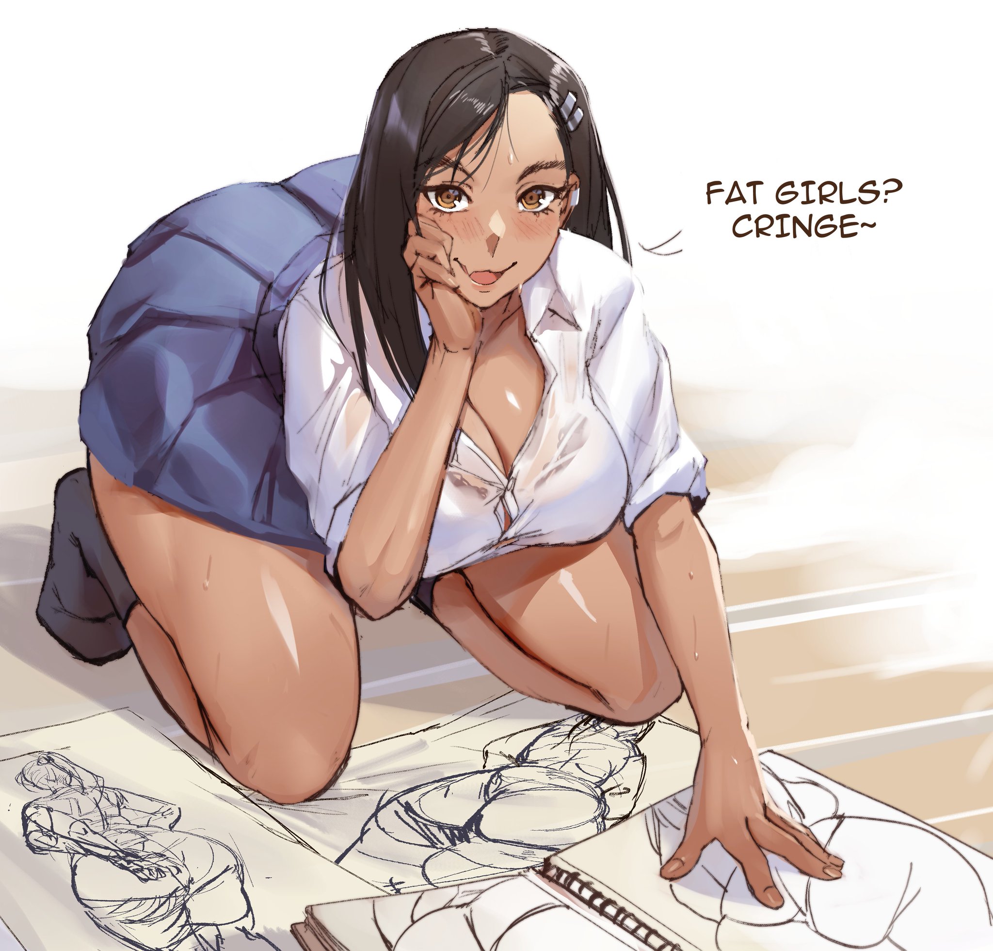 1girls, all fours, alternate breast size, ass, ass cleavage, ass crack, bamboo ale, big breasts, black hair, blush, breasts, brown eyes, butt crack, chubby, cleavage, curvy, english text, female, female focus, female only, hayase nagatoro, hi res, long hair, on knees, please don't bully me, nagatoro, school uniform, schoolgirl, simple background, smile, solo, tan skin, text, thick thighs, transparent clothing, white background, wide hips