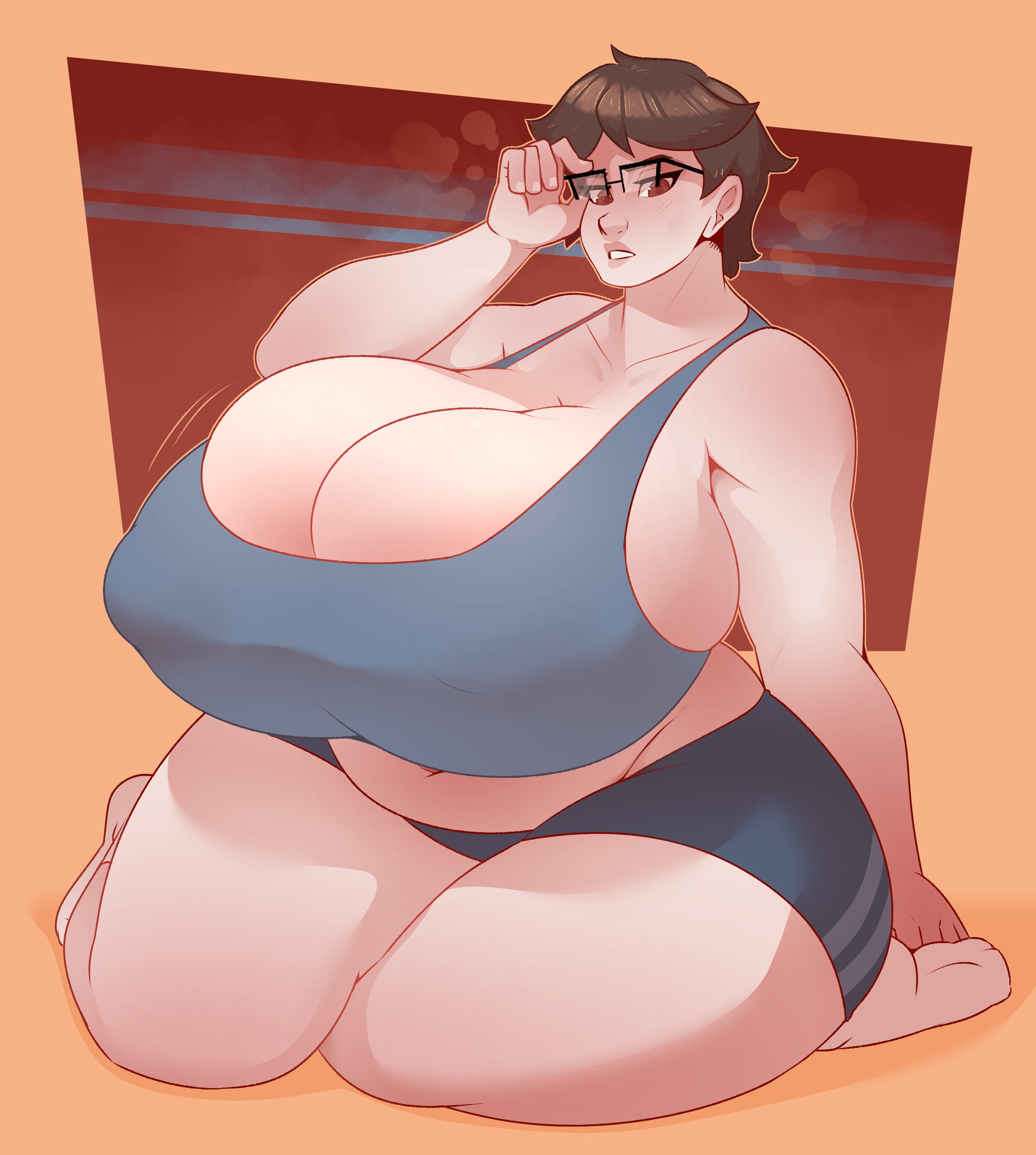 1girls, breasts, brown eyes, brown hair, chubby, cleavage, dabble, female, female only, glasses, huge breasts, hyper breasts, large breasts, light skin, light-skinned female, looking at viewer, short hair, sitting, slightly chubby, solo, thick thighs, very short hair, voluptuous, wide hips