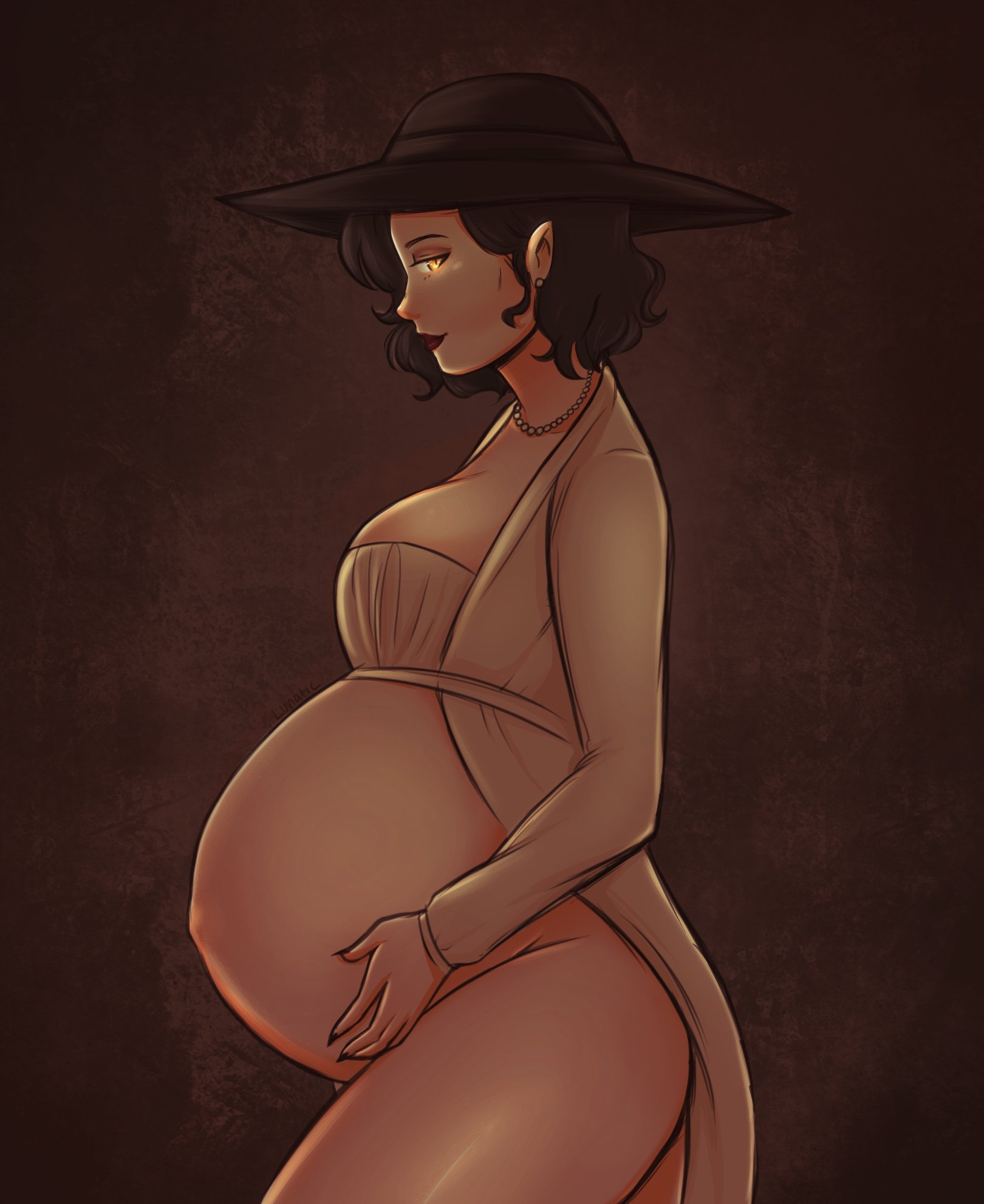 1girls, alcina dimitrescu, female, female only, huge belly, looking at viewer, lunarpix, lunatic2028, mature female, pregnant, pregnant older female, ready to pop, resident evil, resident evil 8: village, solo
