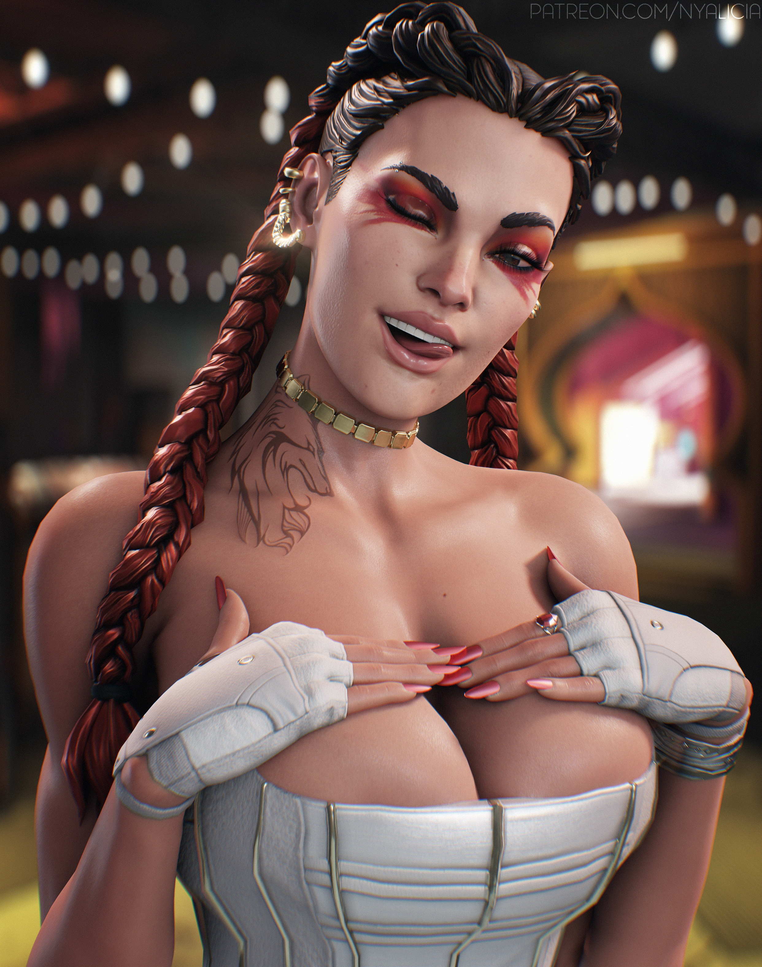 1girls, 3d, apex legends, blender, breasts, cleavage, corset, female, female only, huge breasts, loba (apex legends), looking at viewer, nyalicia, solo, tattoo, tongue, tongue out
