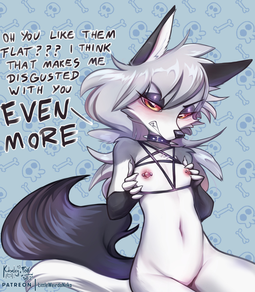 1girls, 2020s, 2021, 5 fingers, aged down, angry, anthro, anthro female, anthro only, anthro solo, black body, black fur, blush, breasts, canid, canid demon, canine, canis, claws, clenched teeth, collar, cub, demon, dialogue, disgusted, english, english text, eyebrows, eyelashes, eyeshadow, female, female cub, female only, finger claws, fingers, flat chest, flat chested, foxinshadow, fur, furry, furry female, furry only, grey body, grey fur, hair, hellhound, helluva boss, hi res, loona (helluva boss), mammal, navel, nipple piercing, nipples, nude, pentagram, piercing, signature, silver hair, small breasts, solo, solo anthro, solo female, spiked collar, spikes, teeth, text, two-tone fur, url, vivienne medrano, white body, white fur, wolf, young, young anthro, young female