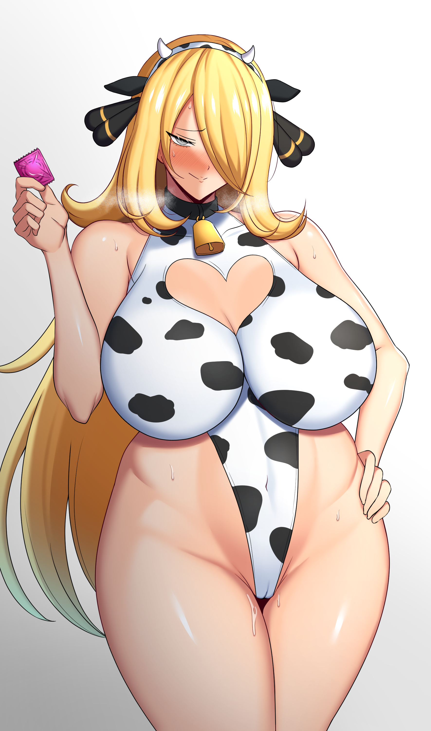 1girls, absurd res, big breasts, blush, breasts, condom, cow bikini, cow ears, cow horns, cow print, curvy figure, cynthia (pokemon), eye contact, female, genital fluids, grey eyes, hair ornament, half-closed eyes, heavy breathing, high resolution, holding condom, huge breasts, long hair, looking at viewer, looking pleasured, mature female, nintendo, pokemon, pokemon dppt, solo, standing, sweat, tanaken, thick thighs, voluptuous, wide hips