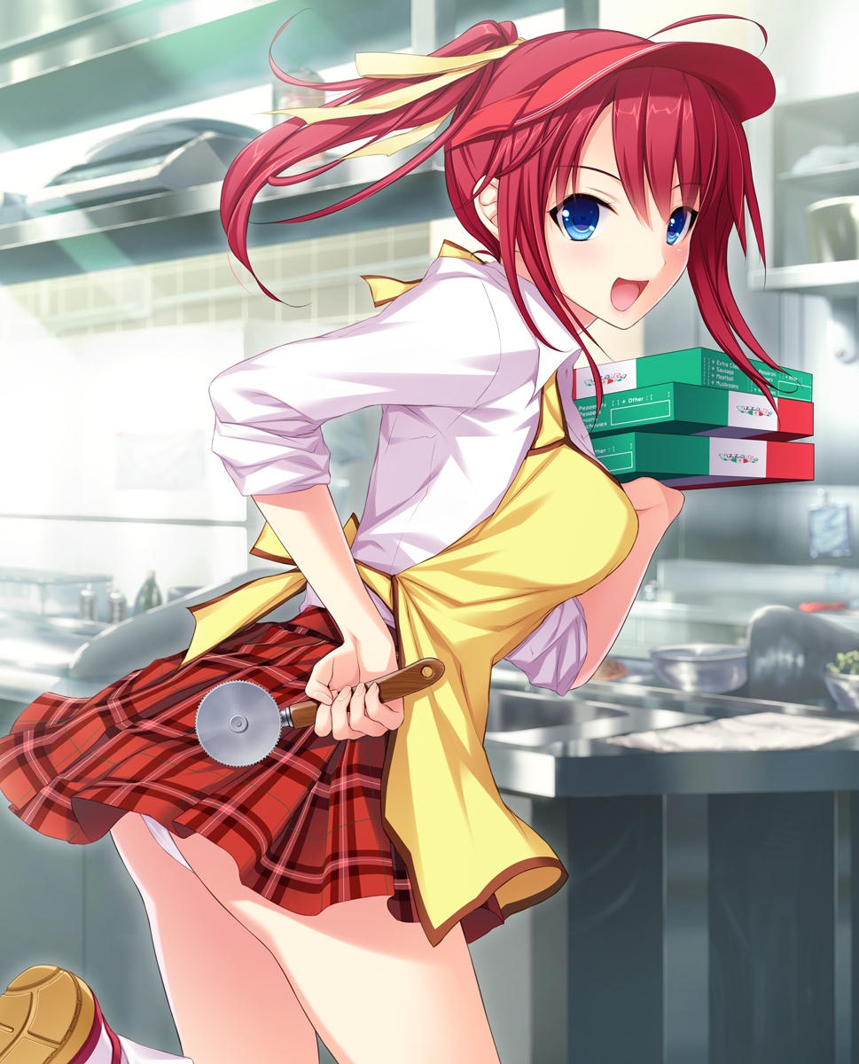 akino_subaru apron blue_eyes breasts employee_uniform fast_food_uniform female fingernails hatsukoi_1/1 highres indoors kitchen looking_at_viewer looking_back medium_breasts miniskirt panties pantyshot pizza_box pizza_cutter plaid plaid_skirt red_hair skirt solo tsukishima_kyo tsukishima_kyou underwear uniform upskirt visor_cap white_panties