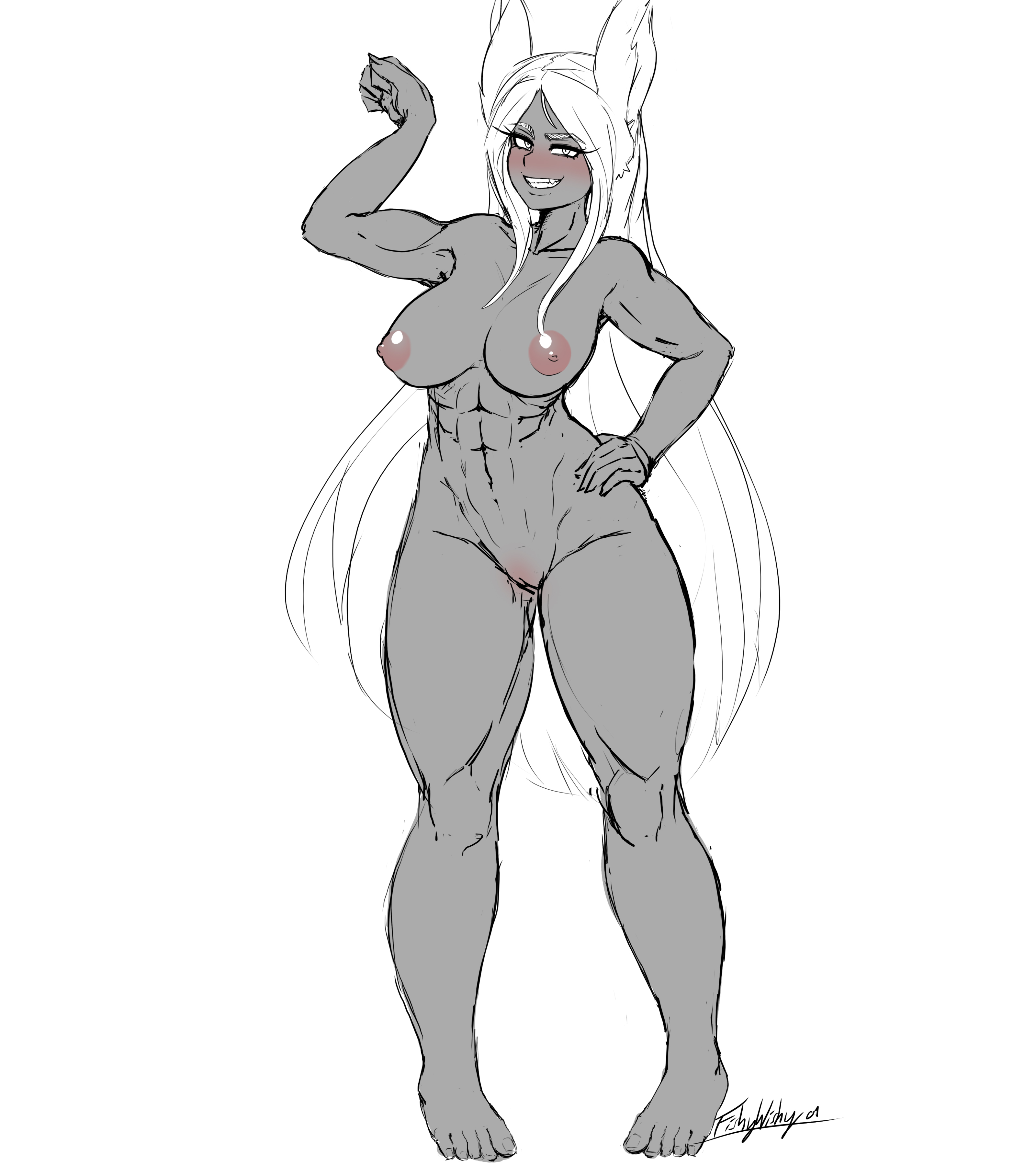 1girls, abs, areolae, blush, breasts, bunny ears, dark skin, dark-skinned female, female, female only, fishywishy, fit, fit female, flexing, full body, grin, hand on hip, limited palette, long hair, looking at viewer, miruko, muscular, muscular arms, muscular female, my hero academia, nipples, nude, pussy, rumi usagiyama, smile, solo, thick thighs, white background
