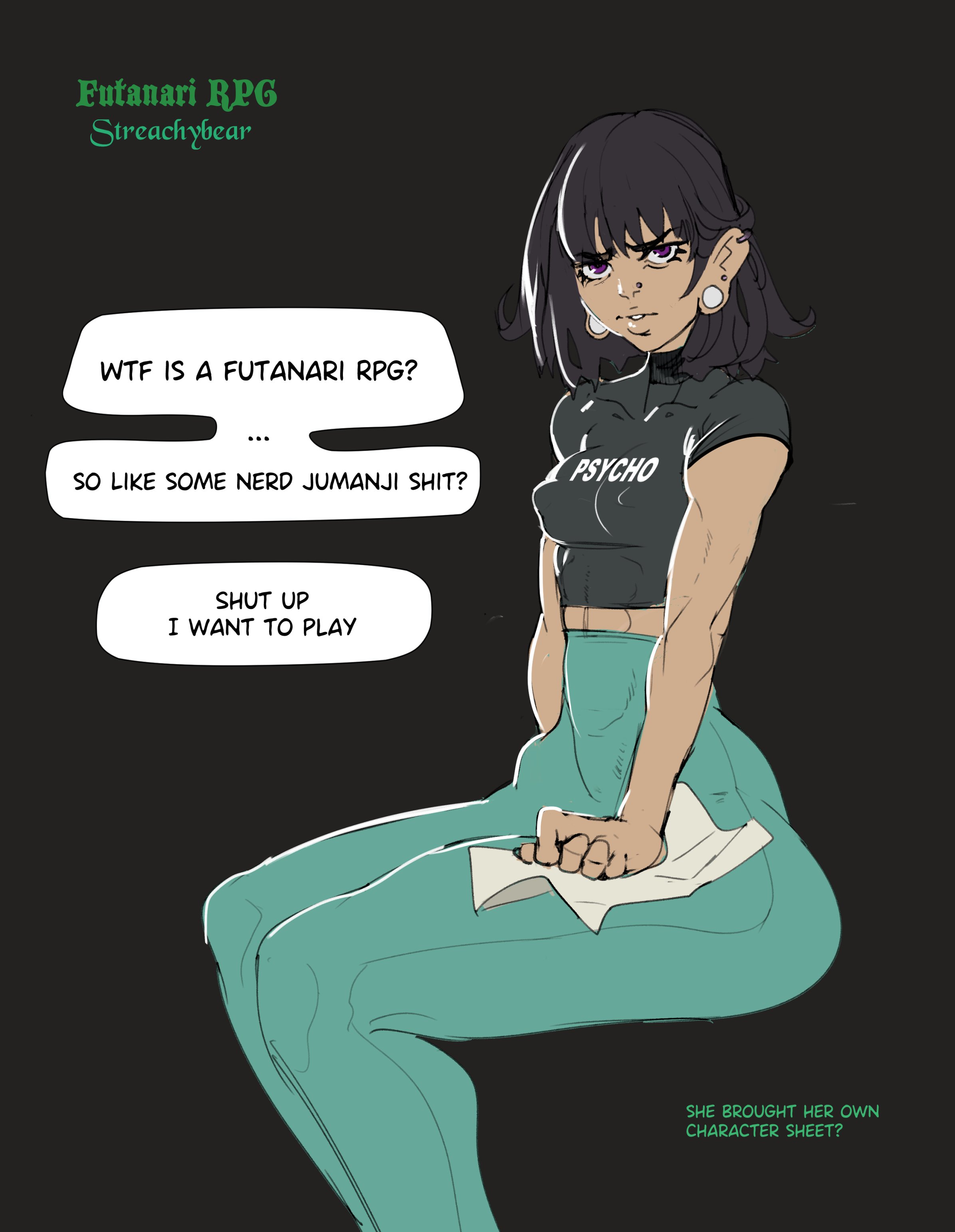 1girls, before transformation, black hair, breasts, clothed, clothing, dialogue, ear piercing, english, english dialogue, english text, female, female only, fully clothed, high waisted pants, human, light skin, light-skinned female, original, pale skin, paper, piercing, pre-transformation, rpg, sitting, solo, speaking to viewer, speech bubble, streachybear, talking to viewer, text, transformation, wide hips