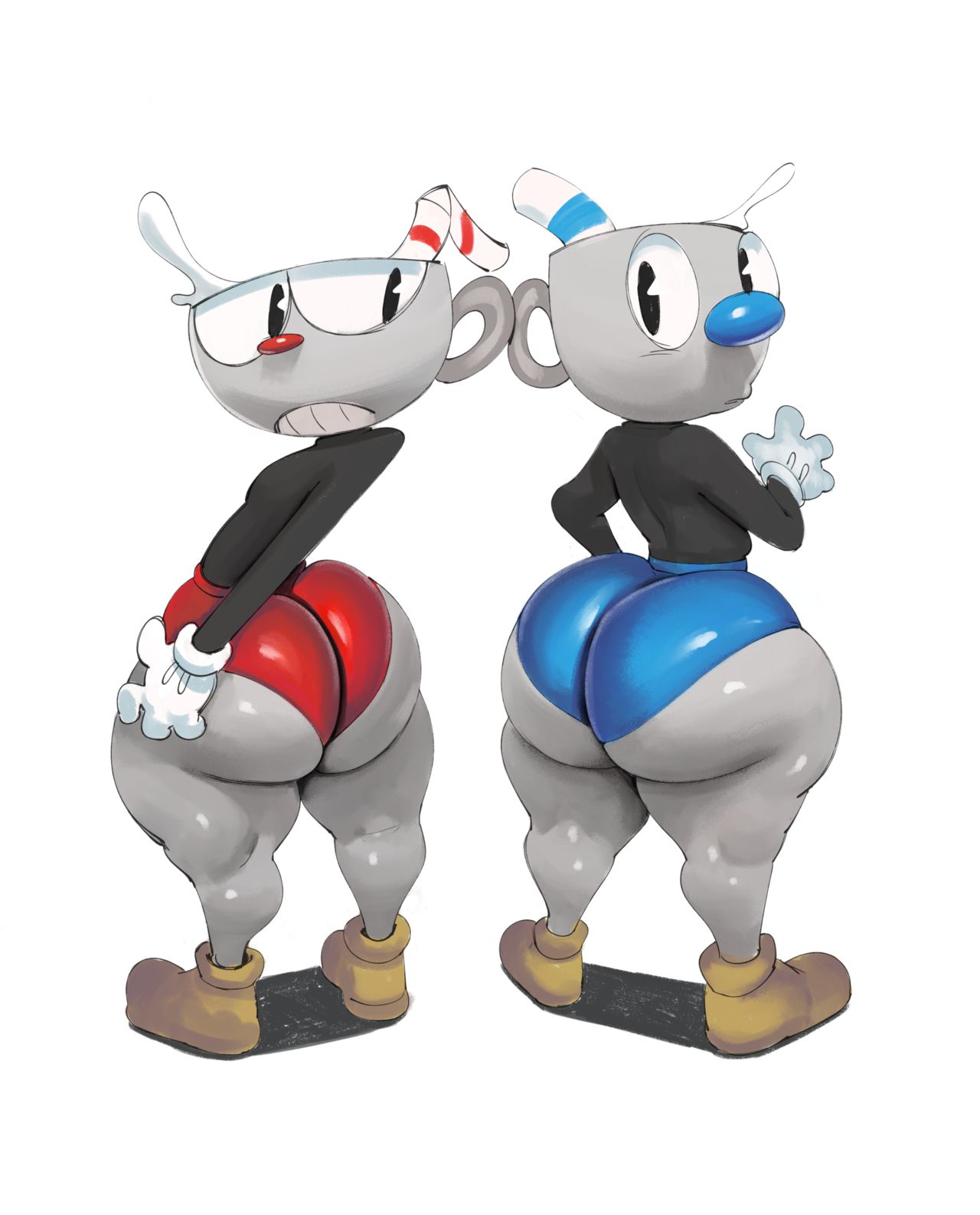 2boys, 2femboys, ass, big ass, big butt, black sweater, blue eyes, blue nose, blue shorts, blue sweater, blush, brown shoes, bubble ass, bubble butt, cuphead, cuphead (game), fat ass, fat butt, femboy, feminine male, footwear, gay, girly, gloves, handwear, huge ass, huge butt, male, male only, mugman, penis, red nose, red shorts, shorts, sqoon, sssonic2, sweater, white background, white gloves