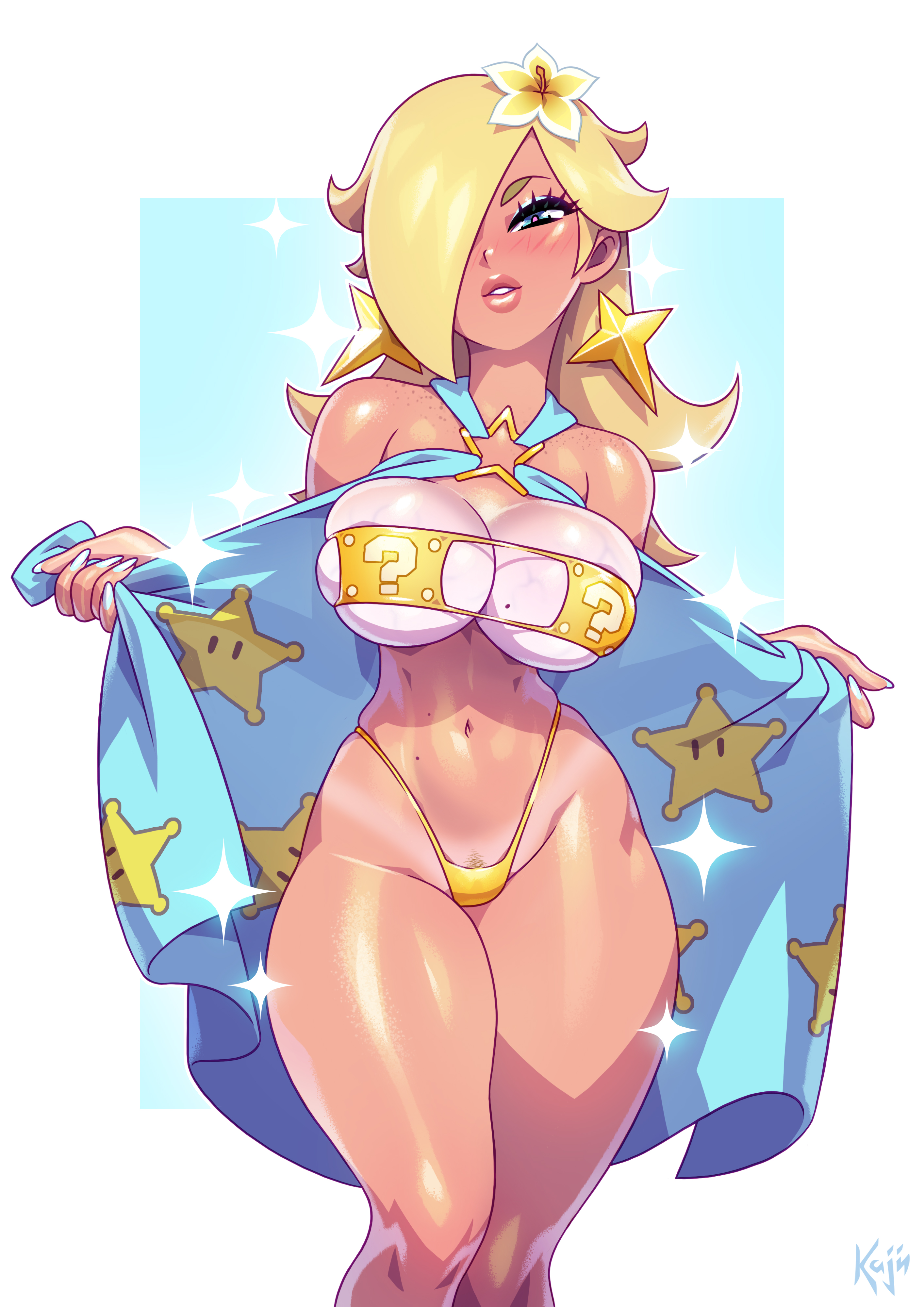 1girls, alternate version available, artist name, bare shoulders, big thighs, bikini tan, bimbo, blonde, blonde hair, blue background, blue eyes, blush, body freckles, breast press, breasts, cleavage, cleavage cutout, cropped legs, dress, dress open, earrings, eyebrows, eyepatch bikini, female, female focus, female only, flower, flower in hair, flustered, g-string, hair over one eye, half-closed eyes, high resolution, highres, huge breasts, huge thighs, kajinman, large breasts, legs, legs together, lips, long hair, makeup, mario (series), mario kart, mario kart tour, mole, mole on breast, mole on stomach, nail polish, nintendo, open clothes, panties, parted lips, presenting, princess rosalina, pubic hair, pubic hair peek, shiny skin, simple background, solo, star earrings, strapless, strapless bikini, tanline, tanlines, tanned, tanned skin, teeth, thick thighs, thighs, two-tone background, uncensored, very high resolution, white background, wide hips, yellow bikini