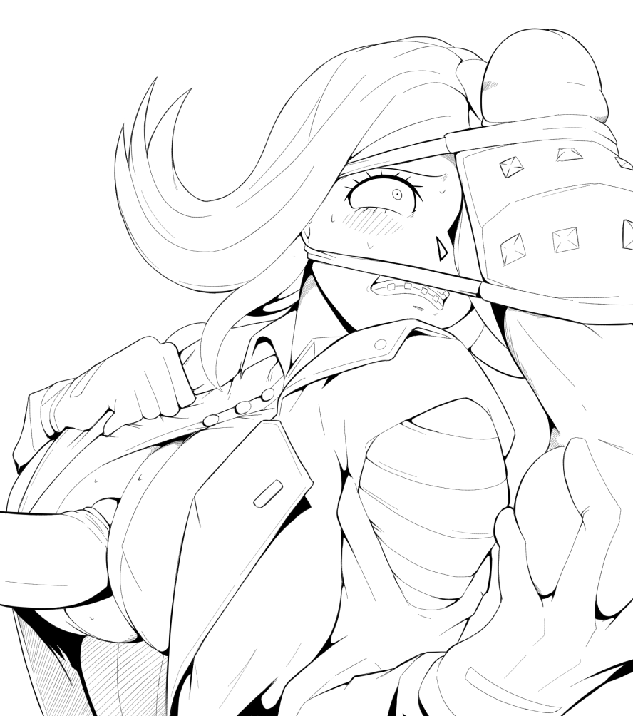 1girls, 2boys, blush, braces, breasts, clothed female nude male, danganronpa, danganronpa 3, face mask, female, gritted teeth, kimura seiko, male, mmf threesome, monochrome, paizuri, setawar (coco), straight hair, threesome, wide eyed