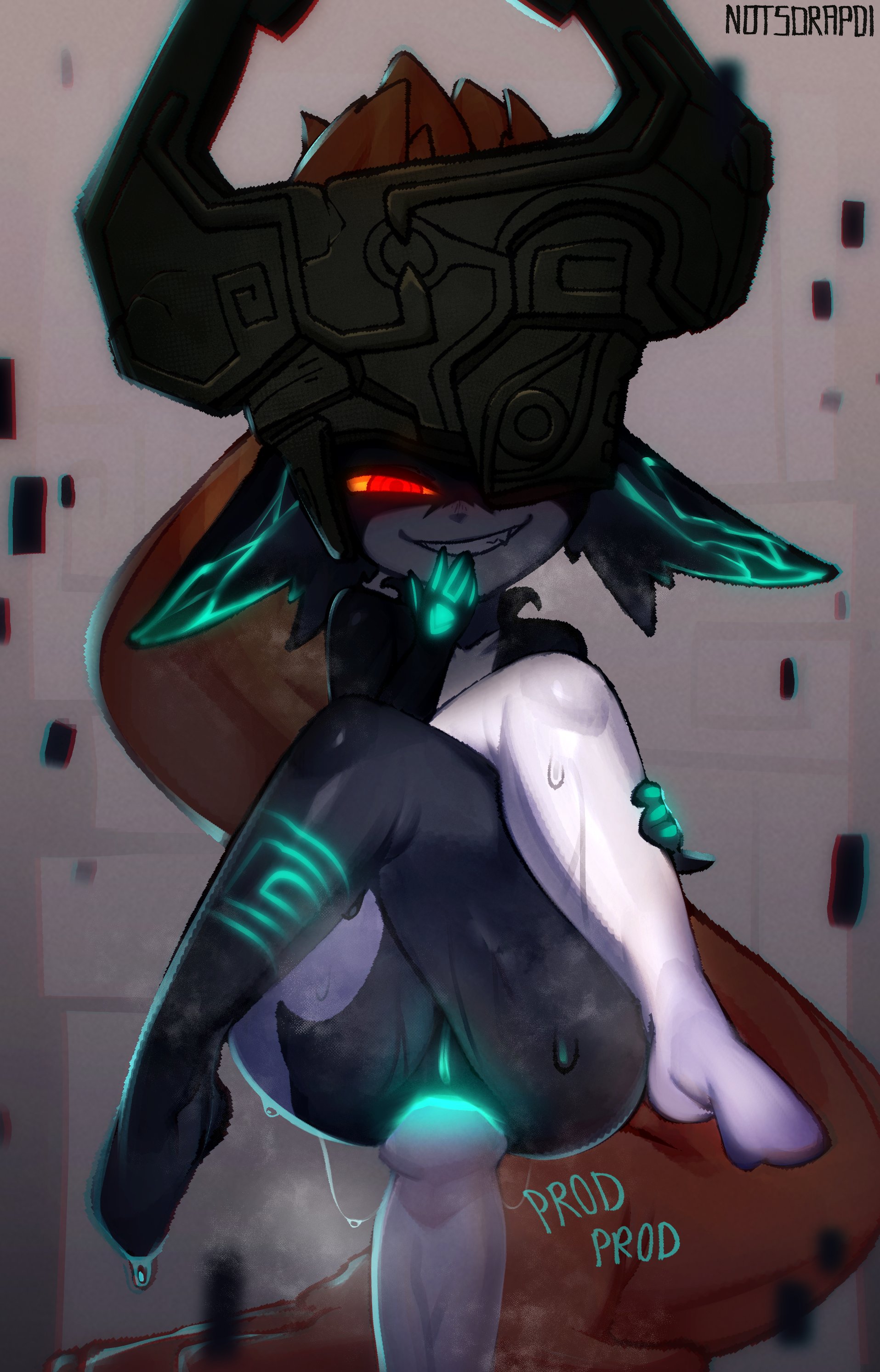1boy, 1girls, anal, anal sex, black skin, crossed legs, feet, female, glowing, glowing anus, glowing eyes, glowing genitalia, glowing pussy, grin, helmet, huge cock, imminent anal, imminent penetration, imminent sex, imp midna, long ears, long hair, looking at viewer, male, midna, mint starfish, nintendo, notsorapoi, nude, offscreen male, penis, pleasure face, pointy ears, prehensile hair, prodding, pussy, red eyes, smile, smirk, sweat, the legend of zelda, twilight princess, two-tone skin, white skin, yellow sclera