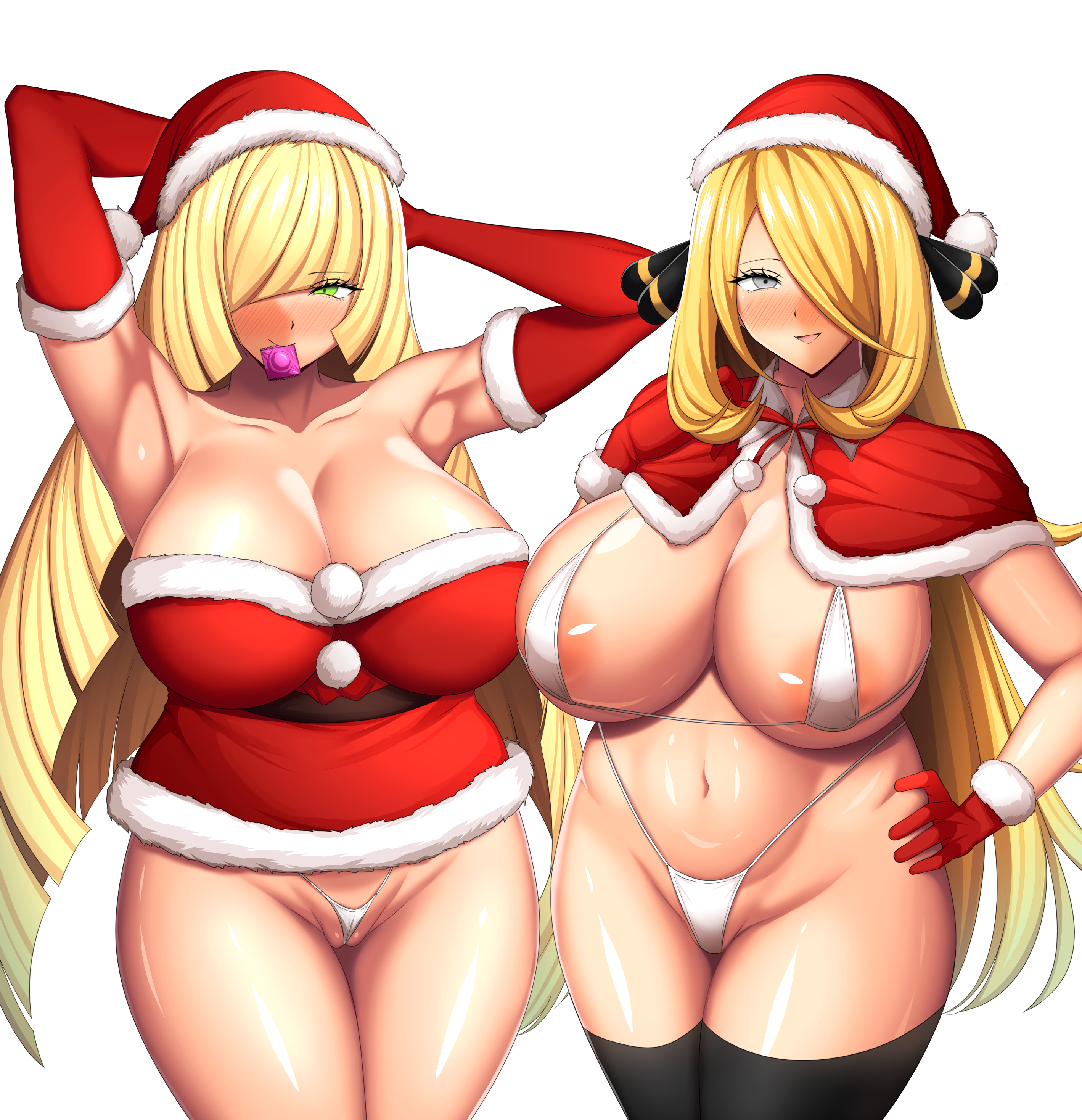 2girls, absurd res, aether foundation, alternate breast size, armpits, bare shoulders, bikini, blonde hair, blush, breasts, christmas, christmas outfit, condom, condom in mouth, curvaceous, curvy body, curvy female, curvy figure, cynthia (pokemon), feet out of frame, female, female only, hand on hip, hat, hi res, huge breasts, large breasts, long hair, looking at viewer, lusamine (pokemon), micro bikini, milf, mouth hold, multiple females, multiple girls, nintendo, plain background, pokemon, pokemon dppt, pokemon sm, santa hat, seductive, seductive look, seductive smile, shiny, shiny skin, simple background, smile, standing, swimsuit, tanaken, thick thighs, thighs, voluptuous