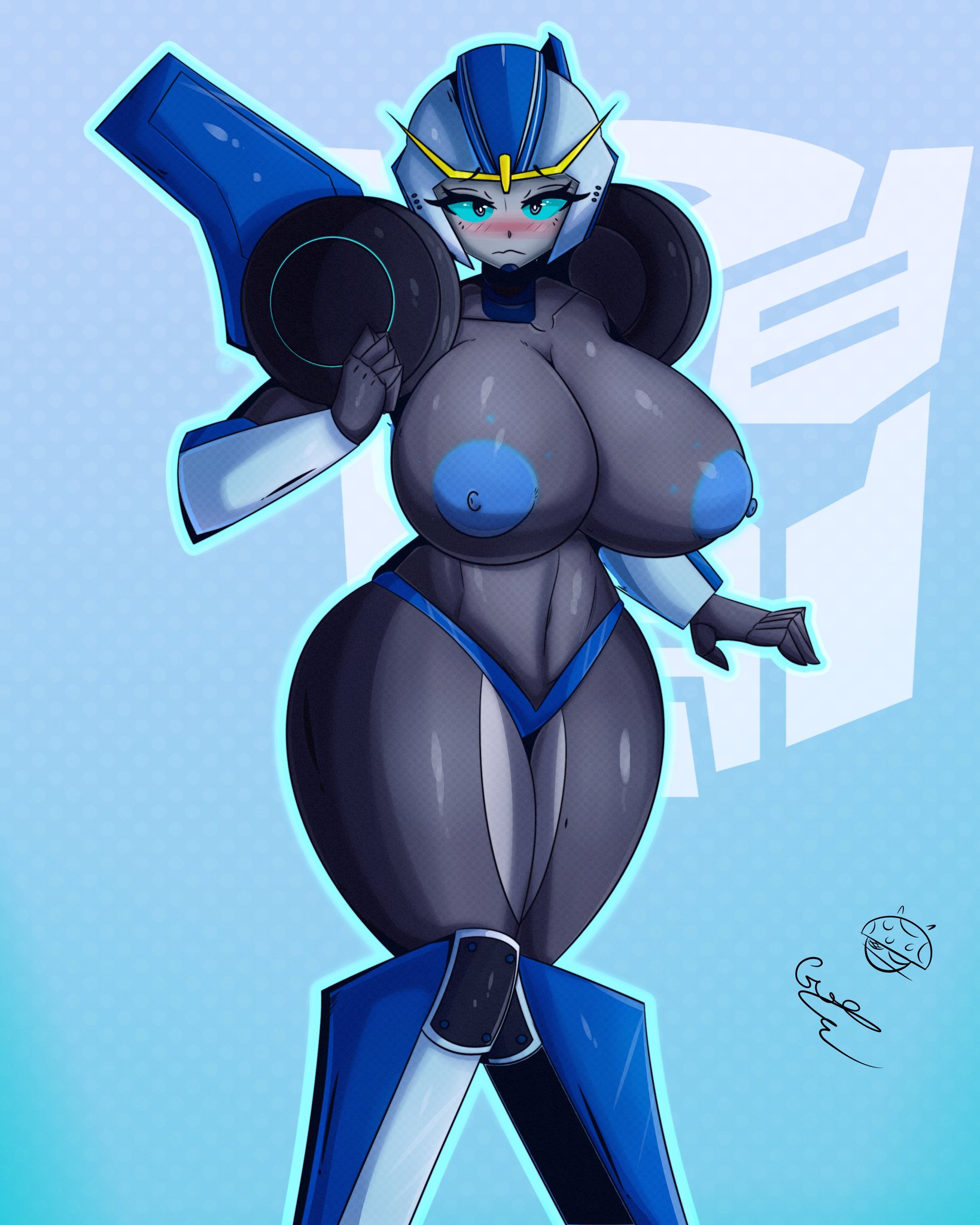 1girls, alien, alien girl, armor, ass, big breasts, blue background, blue eyes, blue nipples, blue panties, blush, breasts, busty, curvaceous, curves, curvy, curvy body, curvy female, curvy figure, curvy hips, female, female only, grey body, grey skin, hard nipples, helmet, machine, massive breasts, metal girl, metal skin, nervous, nipples, panties, robot, robot girl, simple background, solo, solo female, strongarm (transformers), thick, thick legs, thick thighs, tr yithaz, transformers, transformers robots in disguise (2015)
