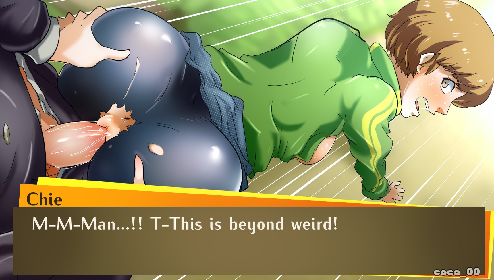 1boy, 1girls, asian, ass, ass grab, atlus, bike shorts, blush, brown hair, coca-bee, dialogue, doggy style, female, human, jacket, japanese, looking back, male, outerwear, persona, persona 4, pussy, ripped clothing, satonaka chie, short hair, spats, sportswear, sweat, text, tomboy, topwear, track jacket, vaginal penetration