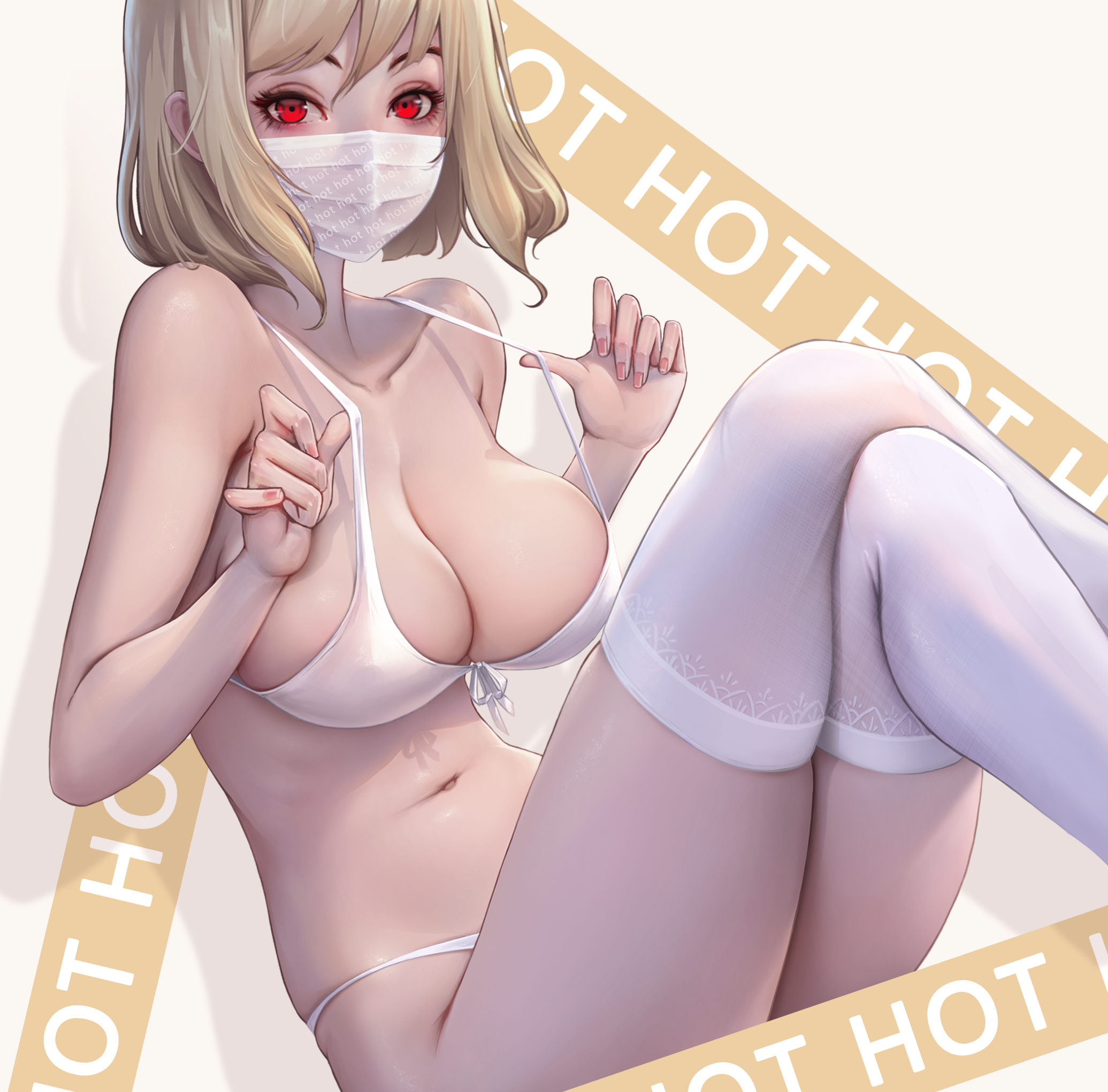 1girls, azhang, bikini, blonde hair, bra, breasts, female, female focus, female only, large breasts, looking at viewer, mask, original, original character, panties, red eyes, short hair, solo, thighhighs, underwear, white bra, white panties, white stockings