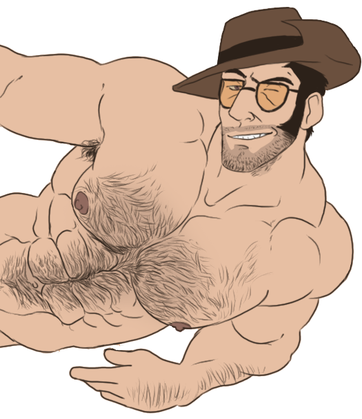 abs bara body_hair hat male_focus muscle nipples sniper_(team_fortress_2) sniperstalker sunglasses team_fortress_2 winking_at_viewer