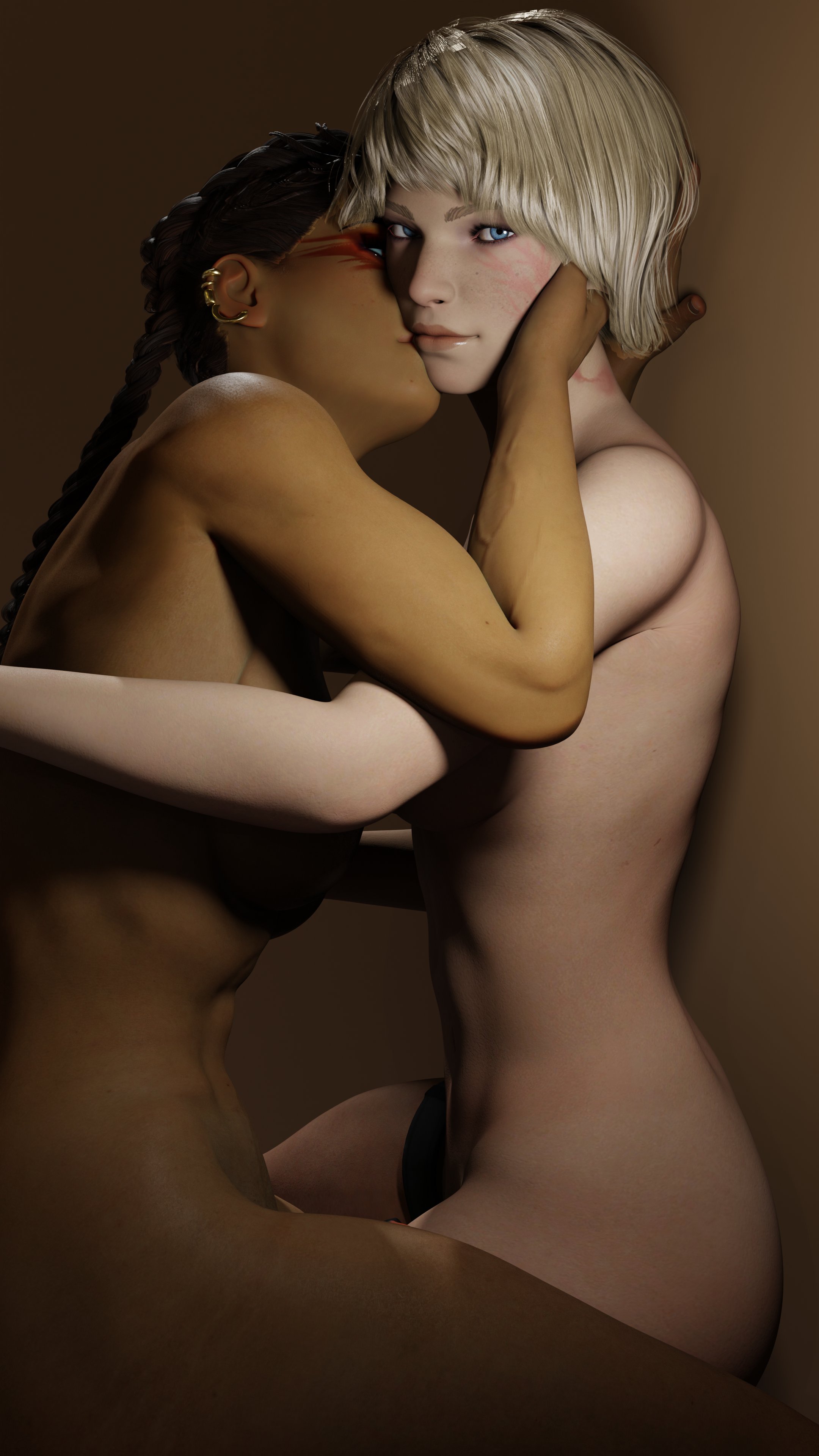 2girls, 3d, apex legends, blonde hair, blue eyes, braided twintails, brown hair, dark skin, dark-skinned female, earrings, embrace, female, female only, floxu7d, foxxo7d, hand on another's face, kissing, kissing cheek, lichtenberg figure, loba (apex legends), looking at viewer, nude, scar, twintails, wattson (apex legends), yuri