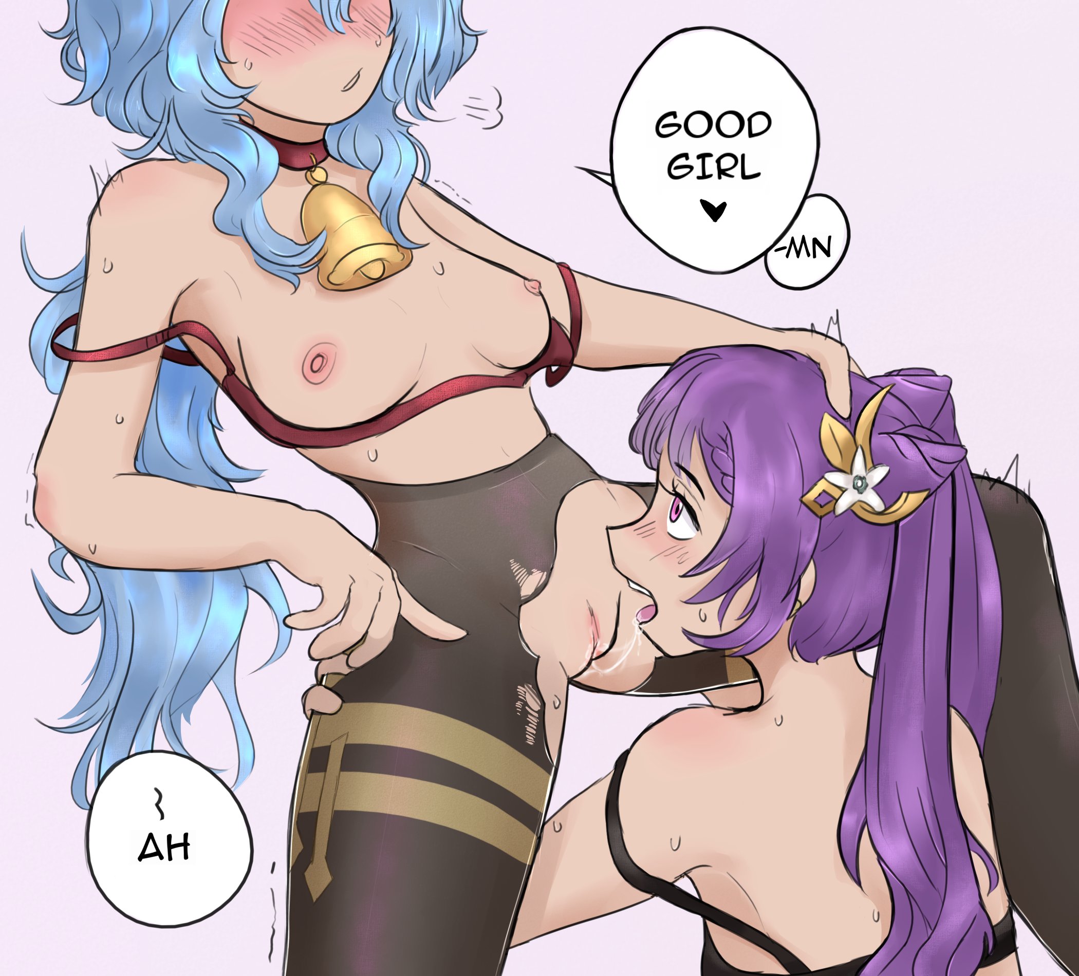 artist request, blue hair, blush, breasts, female, ganyu (genshin impact), genshin impact, grabbing thighs, keqing (genshin impact), licking, licking pussy, open mouth, purple eyes, purple hair, pussy, saliva, saliva trail, spread legs, standing sex, sweat, torn pantyhose, twintails, yuri