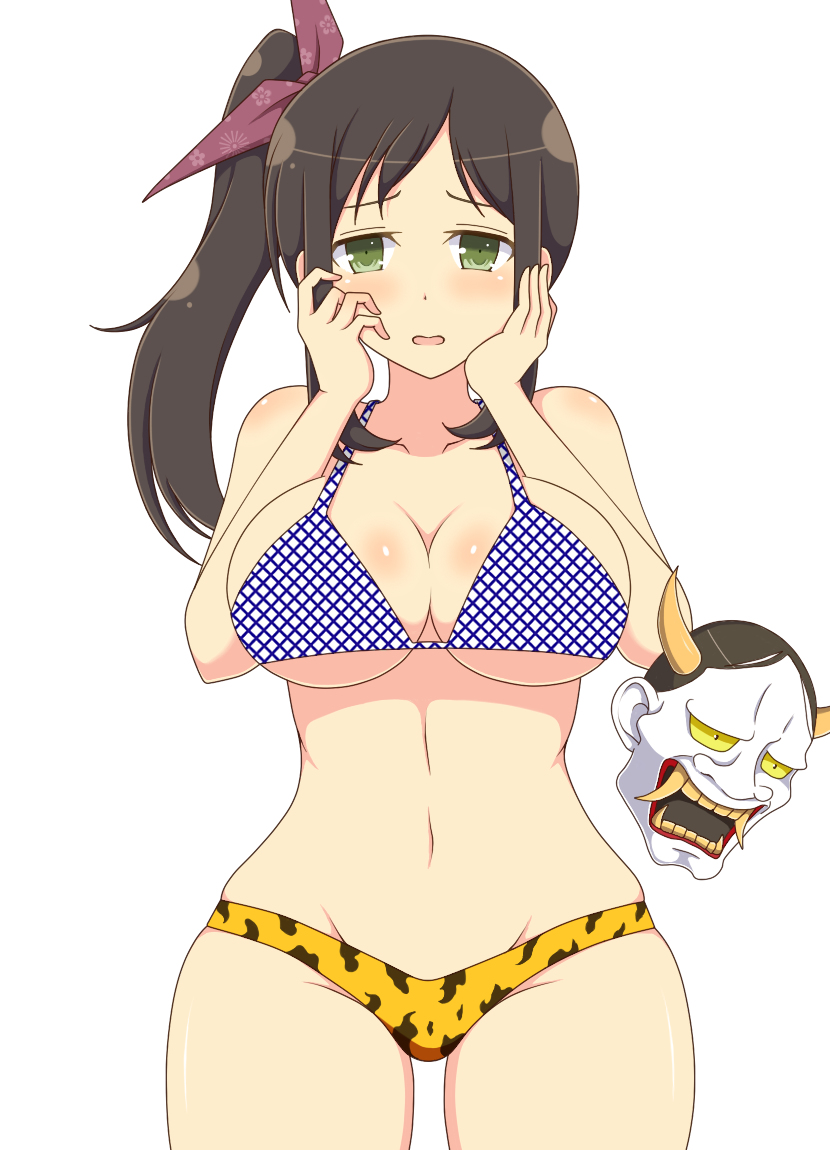 1girls animal_print blush breasts cleavage cowboy_shot curvy green_eyes hair_ribbon hand_on_own_face hannya ichiryuu_tsumiki large_breasts leopard_print long_hair looking_at_viewer mask mask_removed murakumo_(senran_kagura) navel oni_mask open_mouth ribbon senran_kagura side_ponytail sidelocks simple_background solo underboob white_background wide_hips