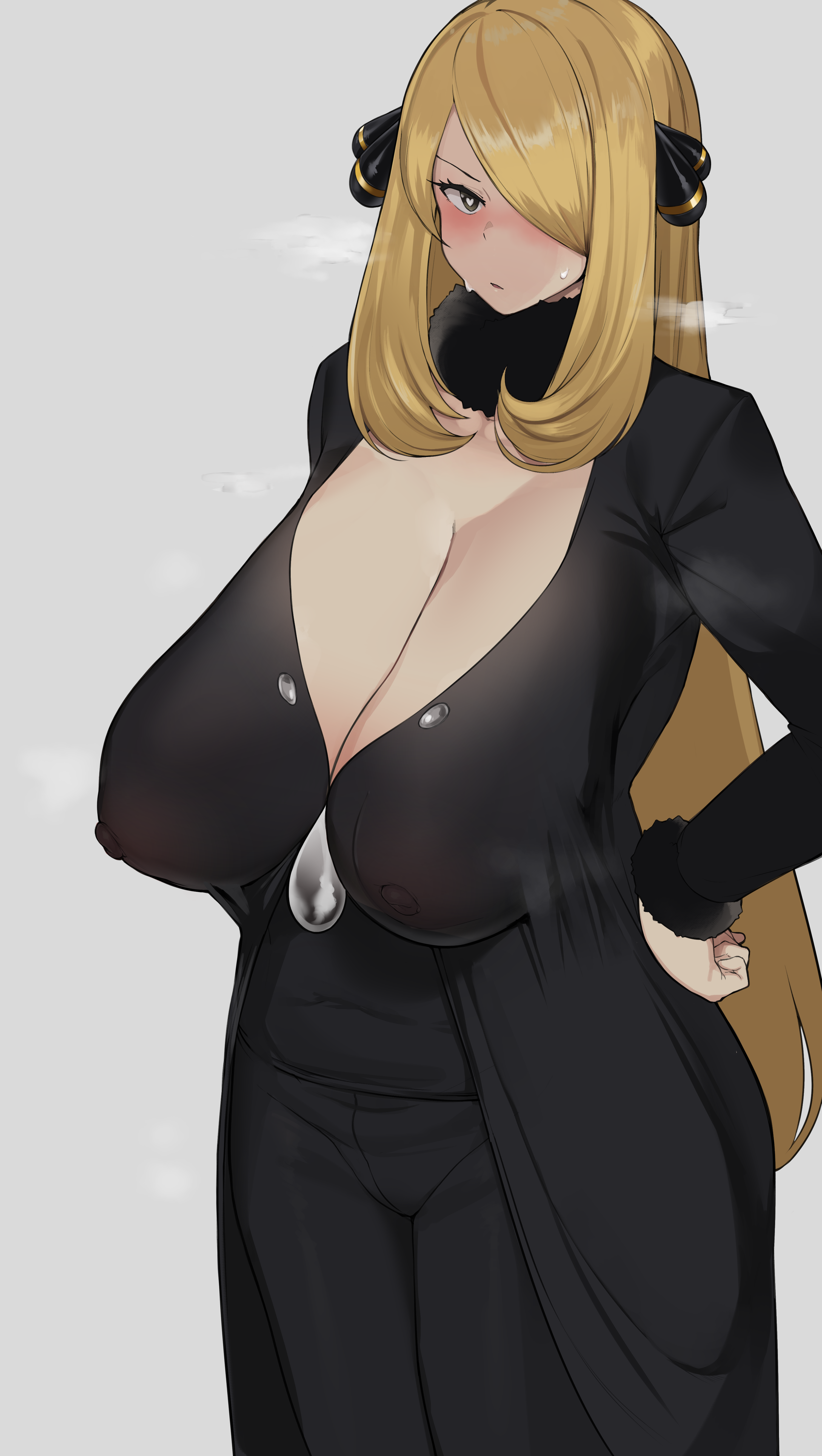 1girls, absurd res, alternate breast size, big breasts, blonde hair, blush, breasts, cham22, chamchami, cleavage, cynthia (pokemon), eye contact, female, fully clothed, fur collar, grey eyes, hair ornament, heart-shaped pupils, heavy breathing, high resolution, huge breasts, long hair, looking at viewer, nintendo, nipples visible through clothing, pokemon, pokemon dppt, sagging breasts, solo, standing, thick thighs, transparent clothing, very high resolution