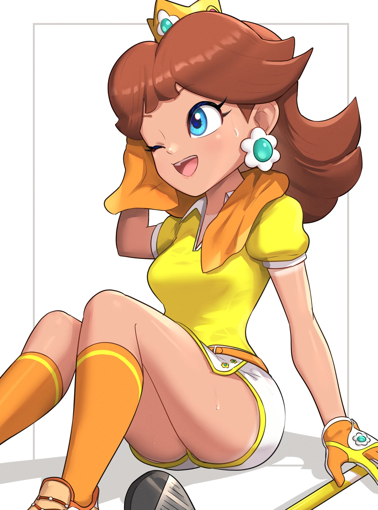1girls, blue eyes, breasts, brown hair, crown, earrings, female, female only, gloves, gonzarez, hand on head, mario (series), mario golf, nintendo, one eye closed, princess daisy, shirt, shoes, short hair, shorts, sitting, smile, smiling, socks, solo, sweat, towel, towel on head