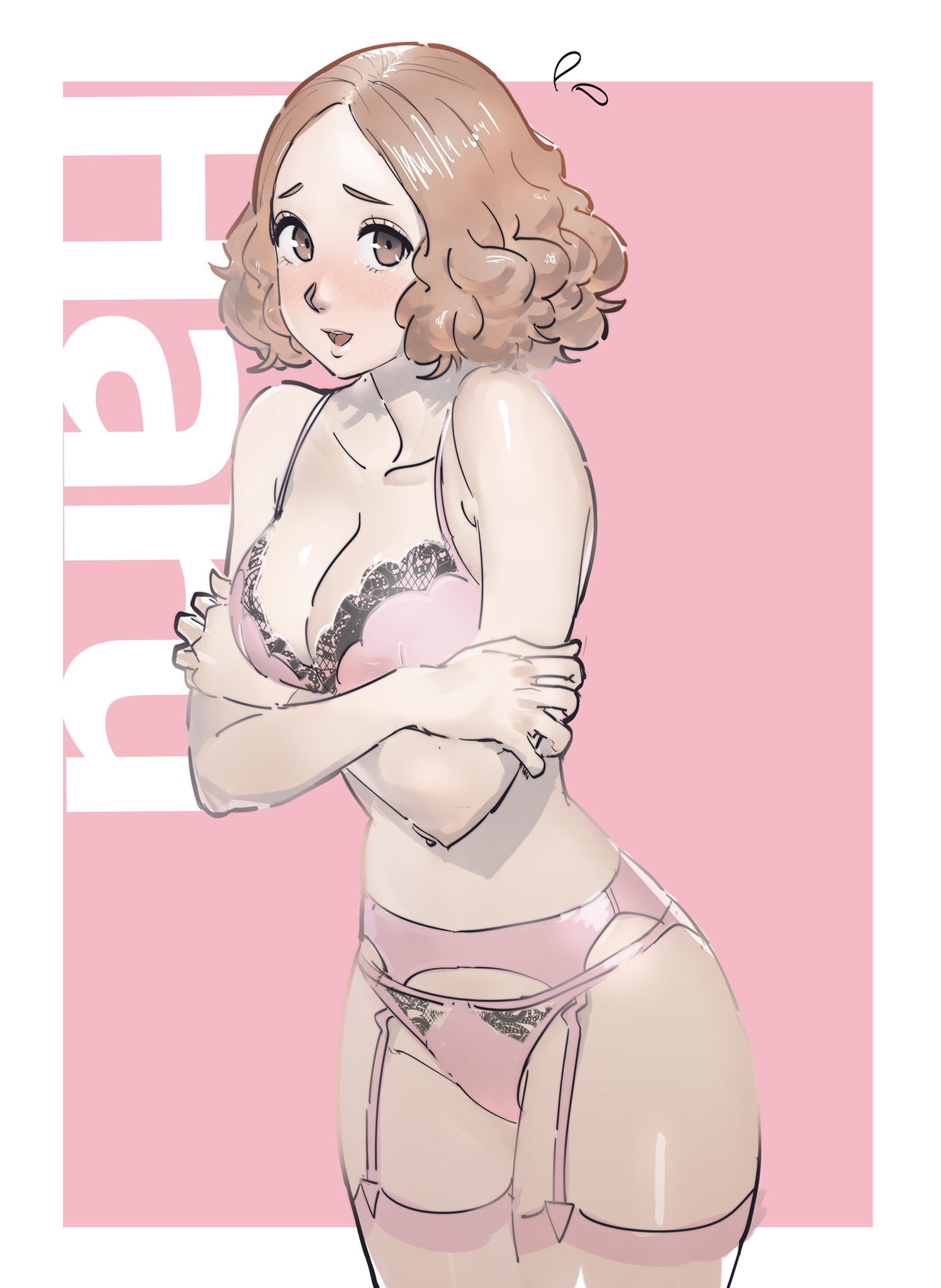 big breasts, blush, breasts, cleavage, crossed arms, embarrassed, female, garter belt, haru okumura, lingerie, looking at viewer, persona, persona 5, poechan, stockings