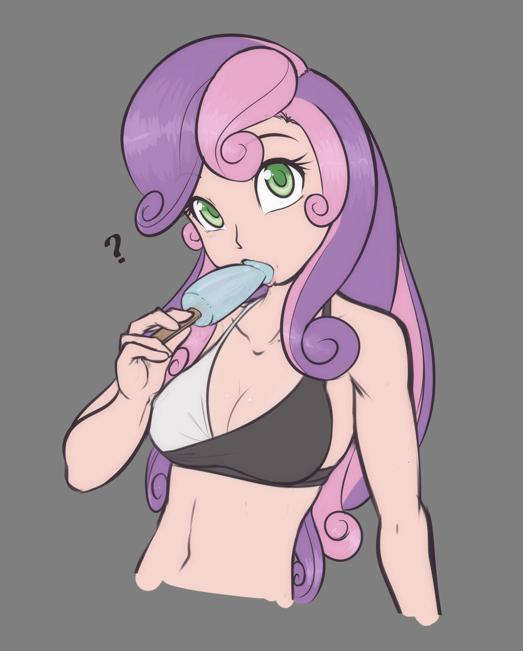 1girls aged_up bikini bikini_top breasts cleavage confused confusion equestria_girls female food friendship_is_magic hasbro looking_at_viewer my_little_pony popsicle question_mark scorpdk solo solo_female suggestive_eating suggestive_food sweetie_belle_(eg) sweetie_belle_(mlp)