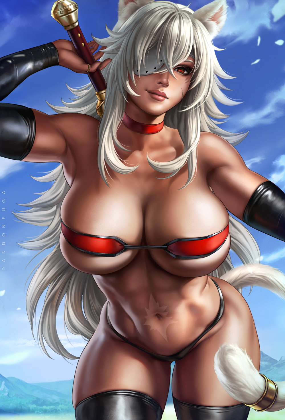1girls, abs, big breasts, breasts, cleavage, dandon fuga, dark skin, dark-skinned female, female, female only, ghislaine dedoldia, large breasts, muscles, muscular, muscular female, mushoku tensei, solo, thick thighs, thighhighs, wide hips