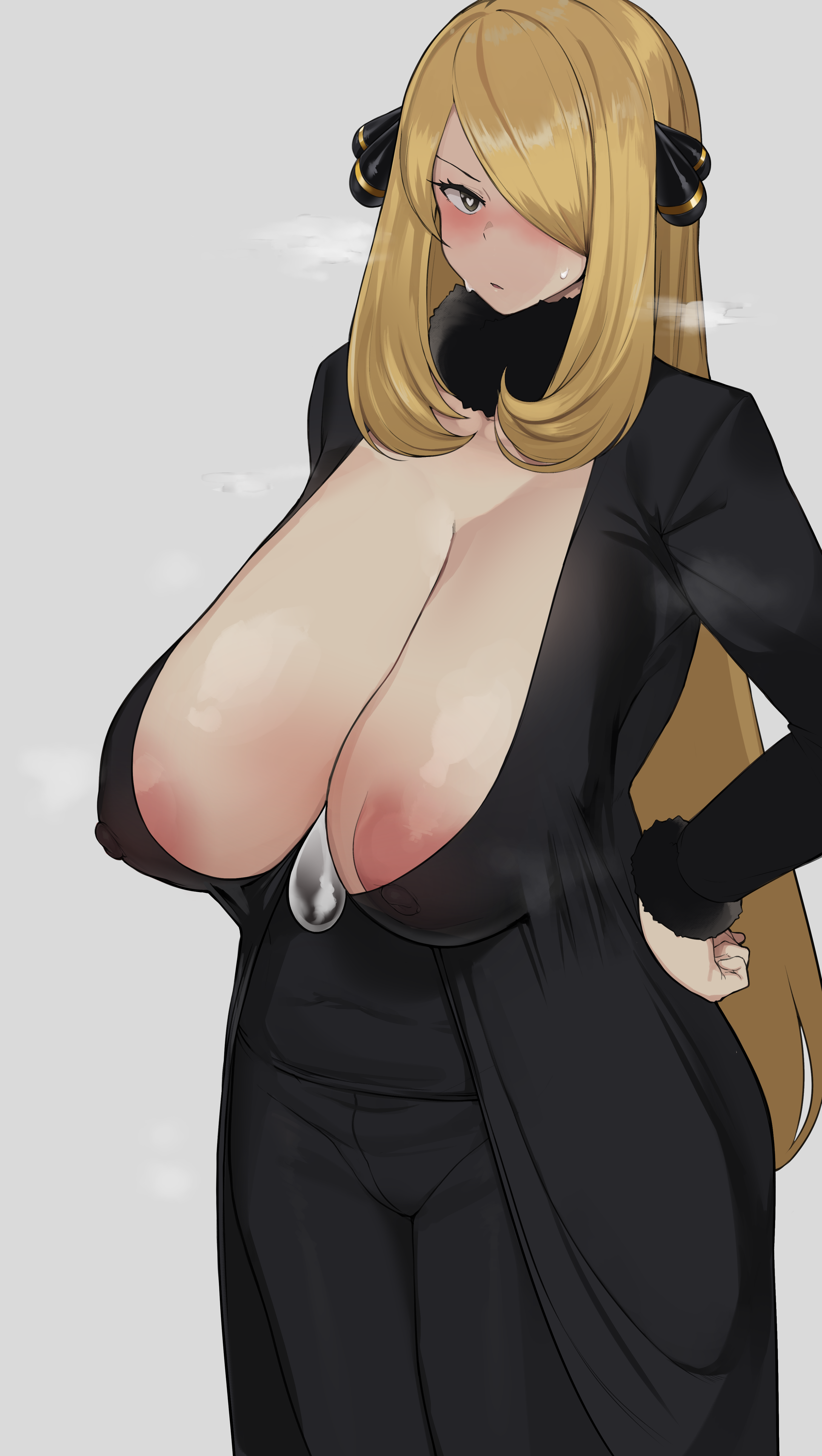 1girls, absurd res, alternate breast size, big breasts, blonde hair, blush, breasts, breasts out, cham22, chamchami, cynthia (pokemon), eye contact, female, fully clothed, fur collar, grey eyes, hair ornament, heart-shaped pupils, heavy breathing, high resolution, huge breasts, long hair, looking at viewer, nintendo, nipples, pokemon, pokemon dppt, sagging breasts, solo, standing, thick thighs, very high resolution