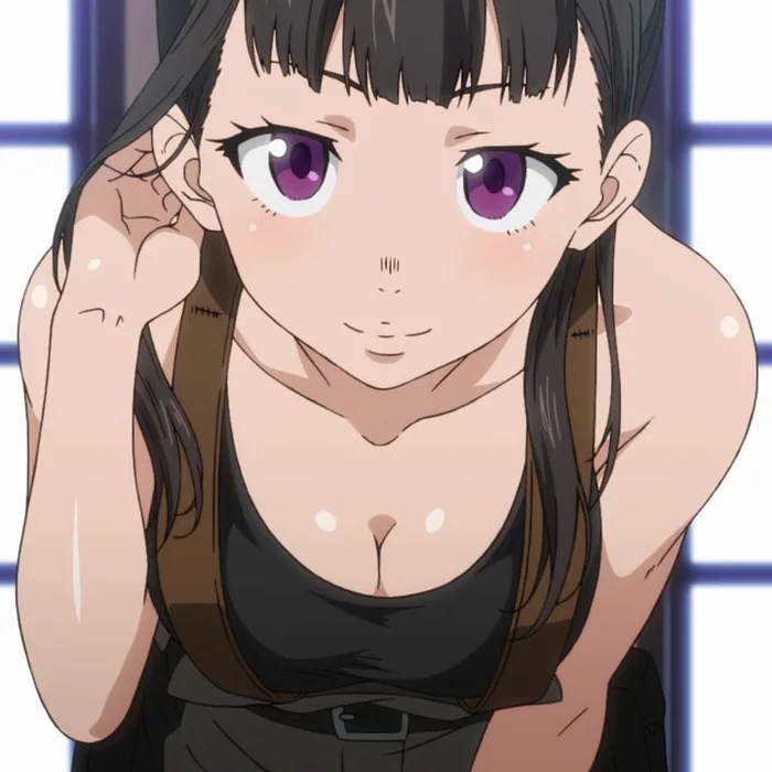 1:1, 10s, 1girls, 2010s, 2019, 2d, 2d (artwork), bangs, bare arms, bare shoulders, belt, belt buckle, big breasts, black hair, breasts, canonical scene, cleavage, clothed, clothed female, clothing, collarbone, curves, david productions, enen no shouboutai, female, female focus, female only, fully clothed, fully clothed female, light skin, light-skinned female, looking at viewer, muscular, muscular female, no nude, no sex, oze maki, purple eyes, screencap, screenshot, smile, smiling at viewer, solo, solo female, solo focus, sweet, sweet smile, tank top, warm smile