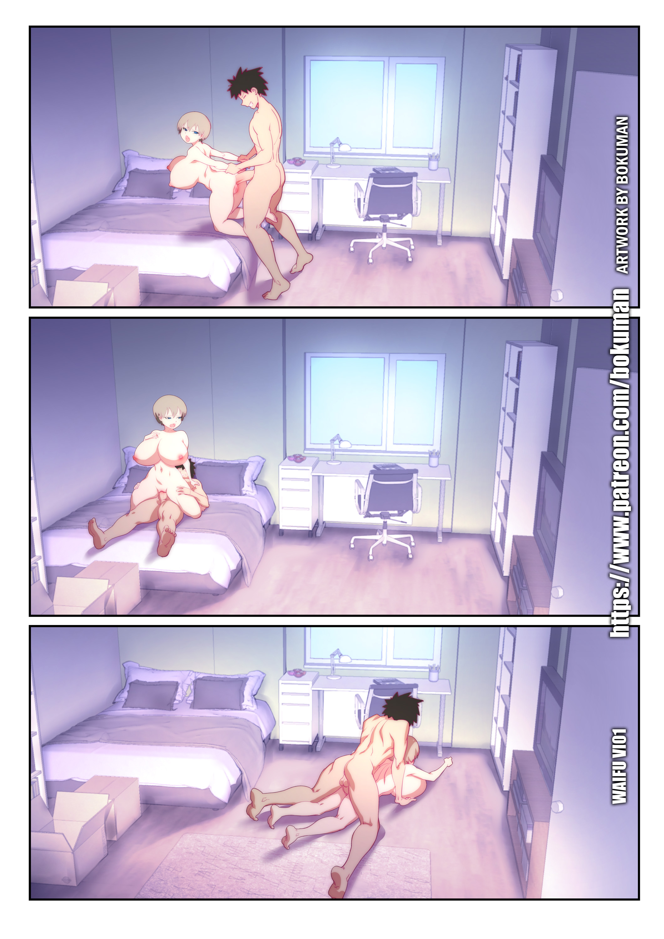 1boy, areolae, arm support, ass, back, balls, bare back, barefoot, bed, bedroom, bent knees, bent over, black hair, blonde hair, bokuman, bookshelf, box, breasts, camera view, chair, comic, completely nude, feet, female, fixed-point camera, full body, full color, grabbed from behind, hand on chest, hand on own chest, hi res, huge breasts, indoors, inside, kneeling, lamp, large breasts, lying, lying on bed, male, male on top, multiple positions, muscular, muscular male, navel, nipples, nude, nude female, nude male, observer viewpoint, on bed, on floor, on stomach, pillow, prone bone, pussy, reverse cowgirl position, room, sakurai shinichi, sequential, sex, shortstack, soles, spread legs, straddling, straight, taken from behind, television, testicles, time lapse, uzaki hana, uzaki-chan wa asobitai!, vaginal penetration, white hair, window
