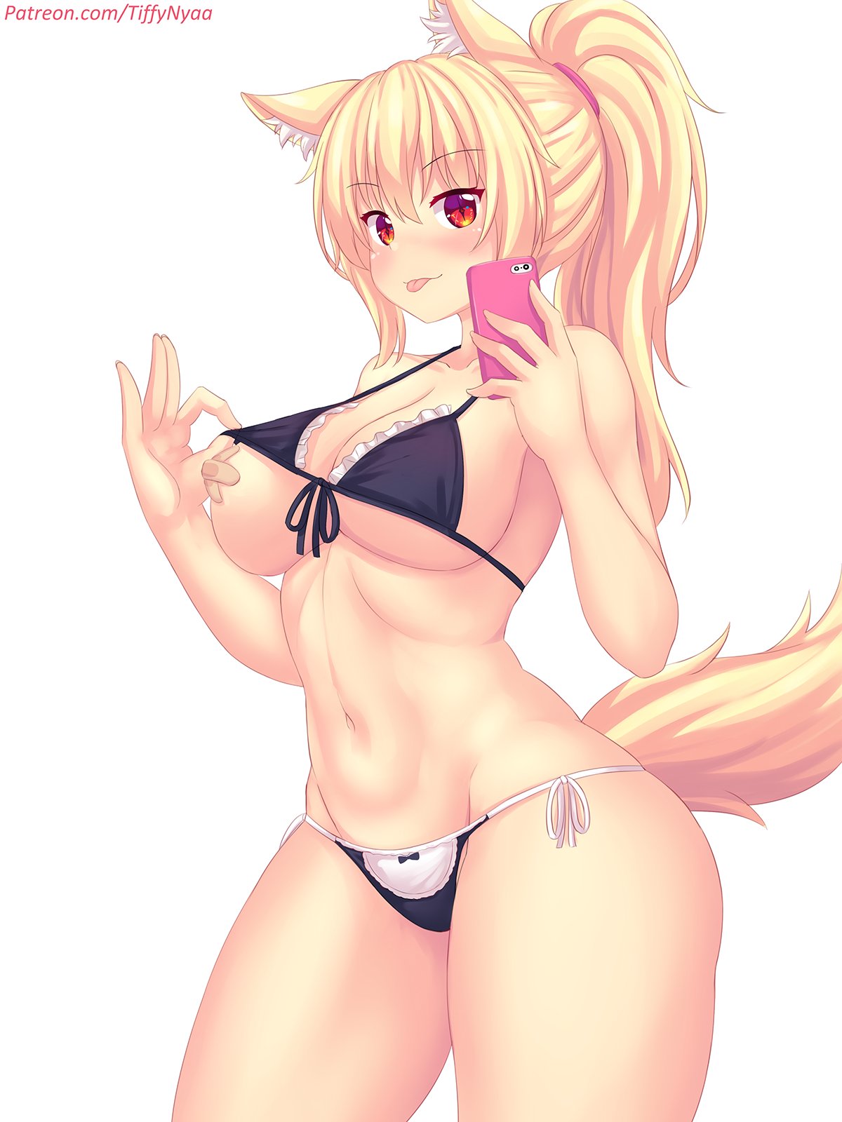 :p, 1girls, animal ears, animal tail, bandaid, bandaids on nipples, bikini, black panties, blonde hair, blush, bow panties, bra, breasts, clothed, clothed female, female, female only, large breasts, looking at viewer, navel, panties, ponytail, red eyes, selfie, side-tie panties, standing, swimsuit, tagme, tail, thick thighs, thighs, tiffy, tiffynyaa, tongue, tongue out, white background