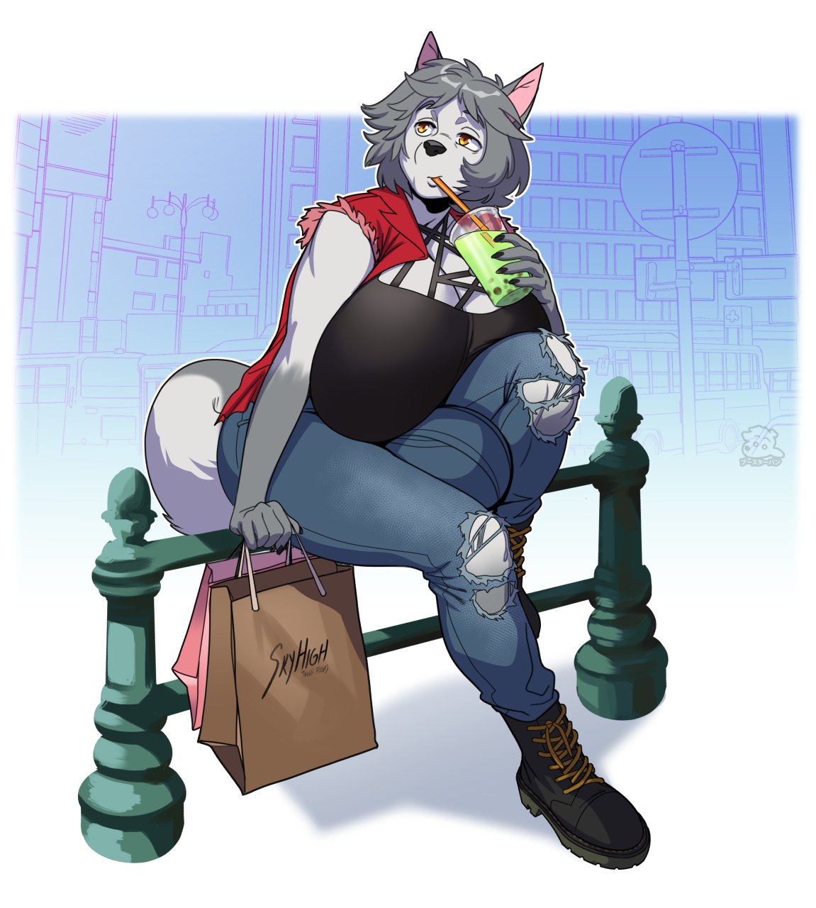 anthro, boba tea, boosterpang, breasts, bulge, cleavage, flaccid, furry, futa only, futanari, grey hair, huge breasts, huge cock, hyper, hyper breasts, hyper penis, intersex, jeans, original, penis, penis bulge, penis under clothes, shopping bag, sitting, sleeveless shirt, wide hips