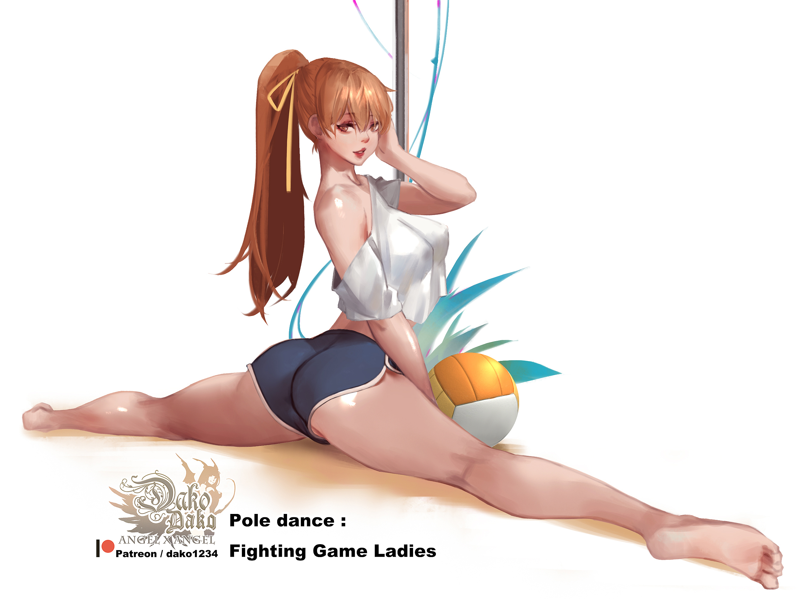 ball (object), dead or alive, female, hu dako, kasumi (doa), legs apart, looking at viewer, nipples visible through clothing, pole, pole dancing, shirt, shorts, splits, tagme