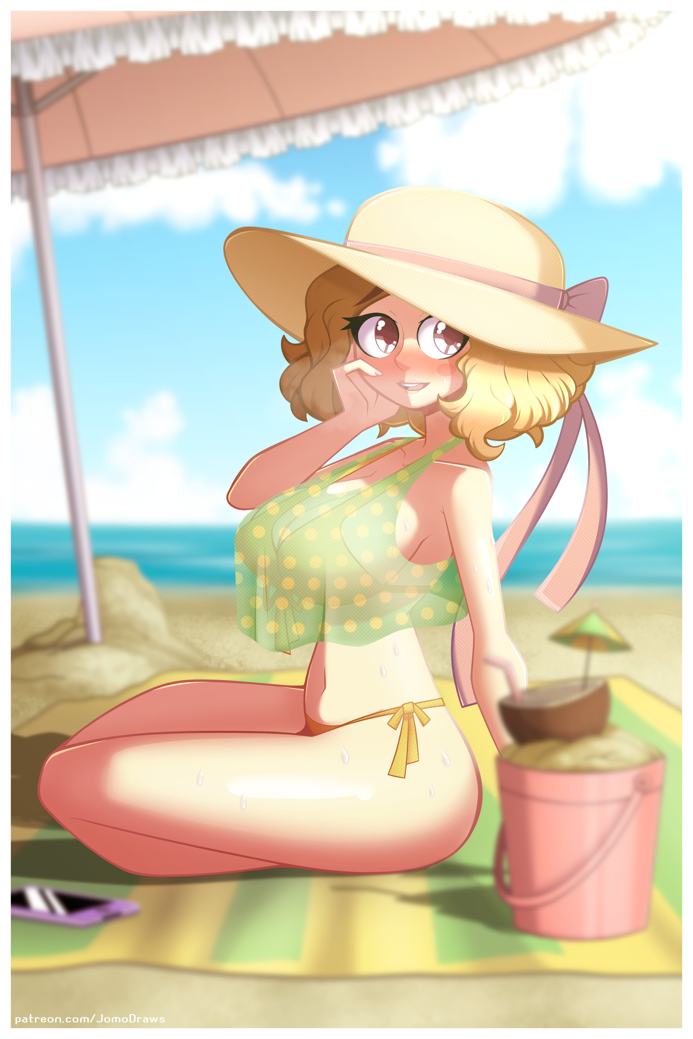 1girls, beach, blush, bottomwear, clothing, female, haru okumura, headgear, human, jomokin, outerwear, persona, persona 5, swimwear, topwear