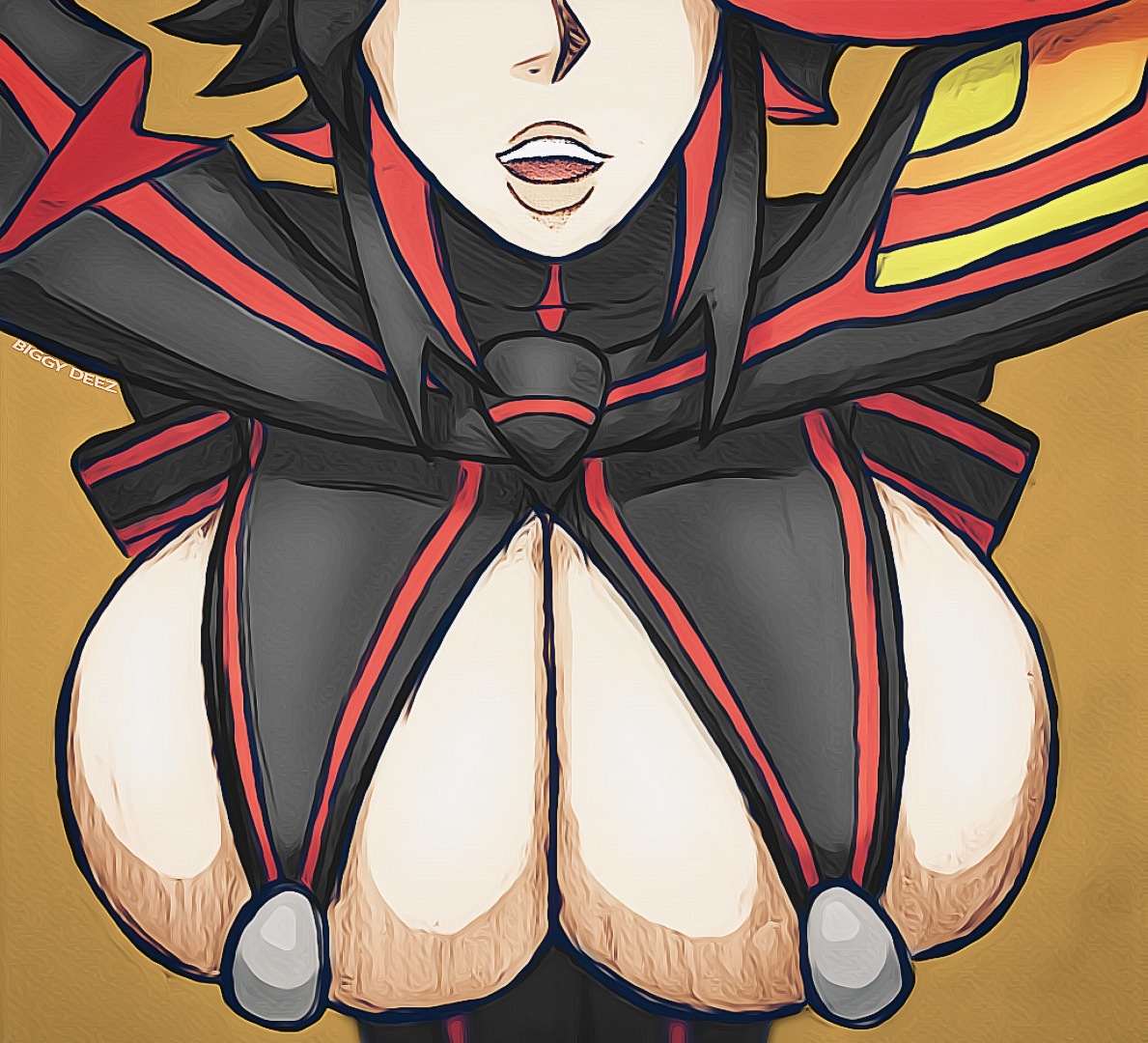 big breasts, biggy deez, black hair, breasts, clothed, covered breasts, facing viewer, female, huge breasts, kill la kill, light skin, light-skinned female, lips, matoi ryuuko, pale skin, pale-skinned female, senketsu, studio trigger, traditional media (artwork)