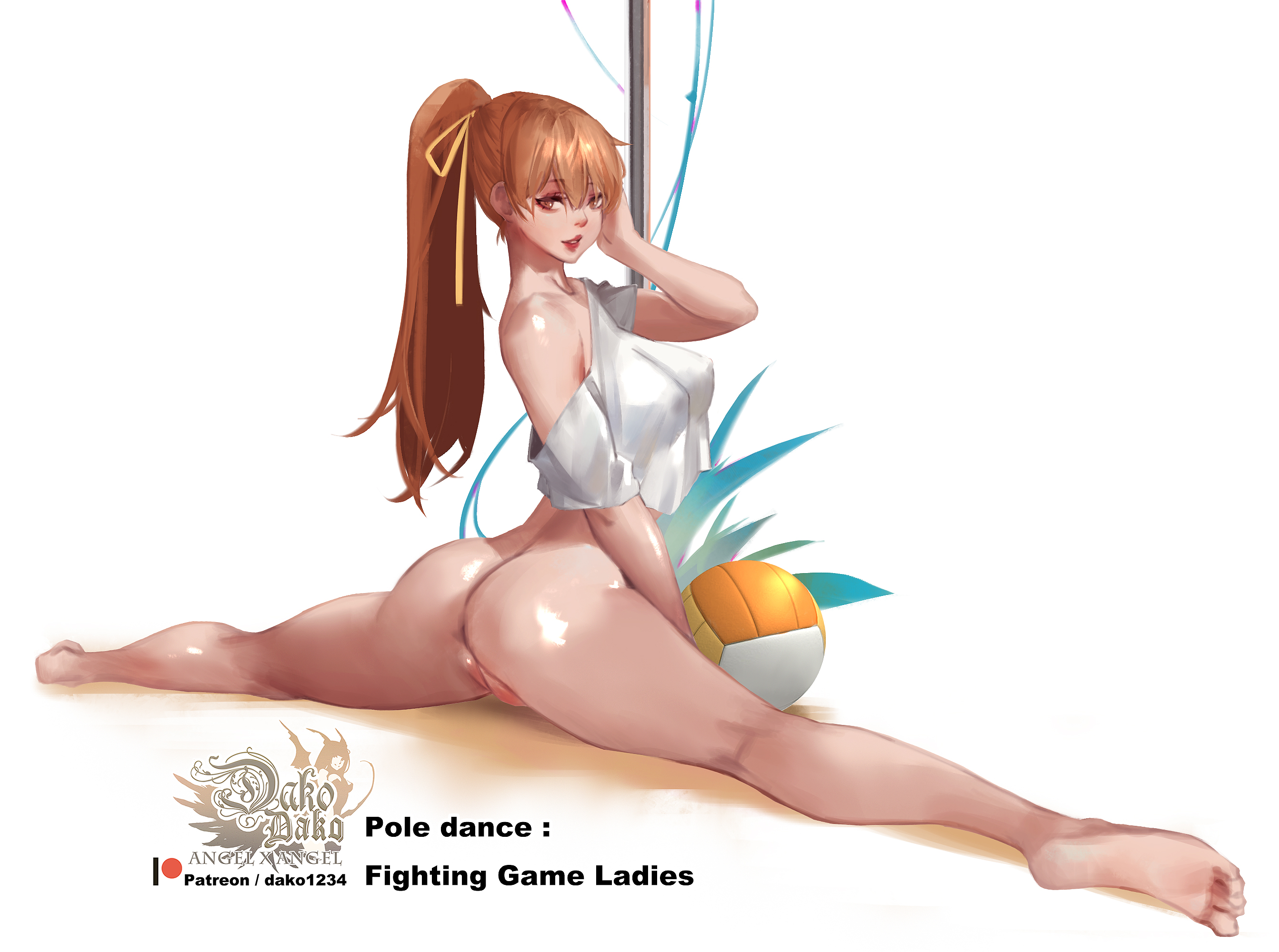 ass, ball (object), dead or alive, female, hu dako, kasumi (doa), legs apart, looking at viewer, nipples visible through clothing, pole, pole dancing, pussy, shirt, splits, tagme