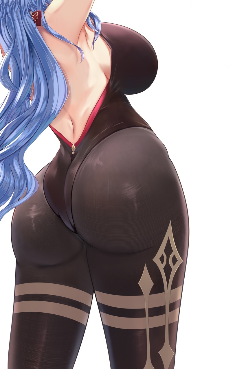 1girls, arms up, ass, behind view, big ass, big butt, blue hair, breasts, female, ganyu (genshin impact), genshin impact, long hair, toid310, white background
