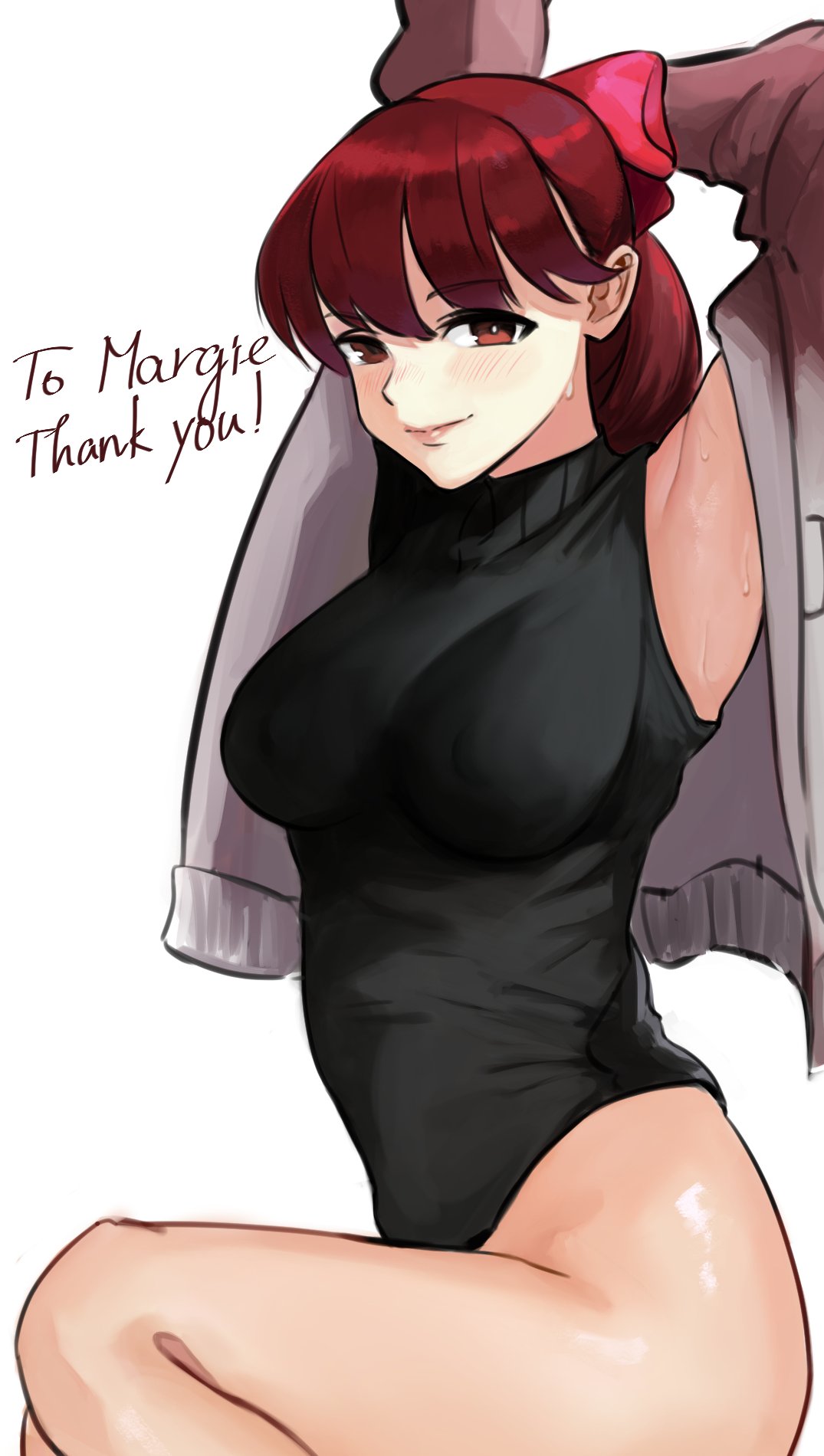 female, kasumi yoshizawa, nero watch, persona, persona 5, persona 5 royal, red eyes, red hair, stretching, sumire yoshizawa, sweat, sweatdrop, sweating, text
