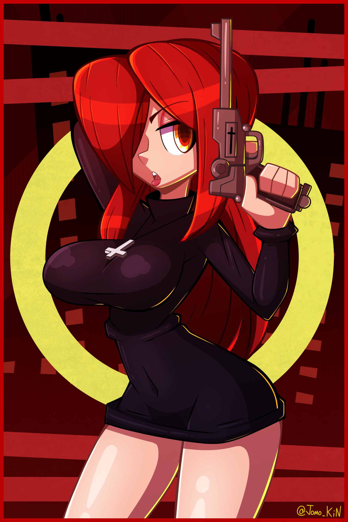 1girls black_clothing breasts cross_necklace female gun jomokin parasoul red_hair skullgirls tagme tongue_out yellow_eyes