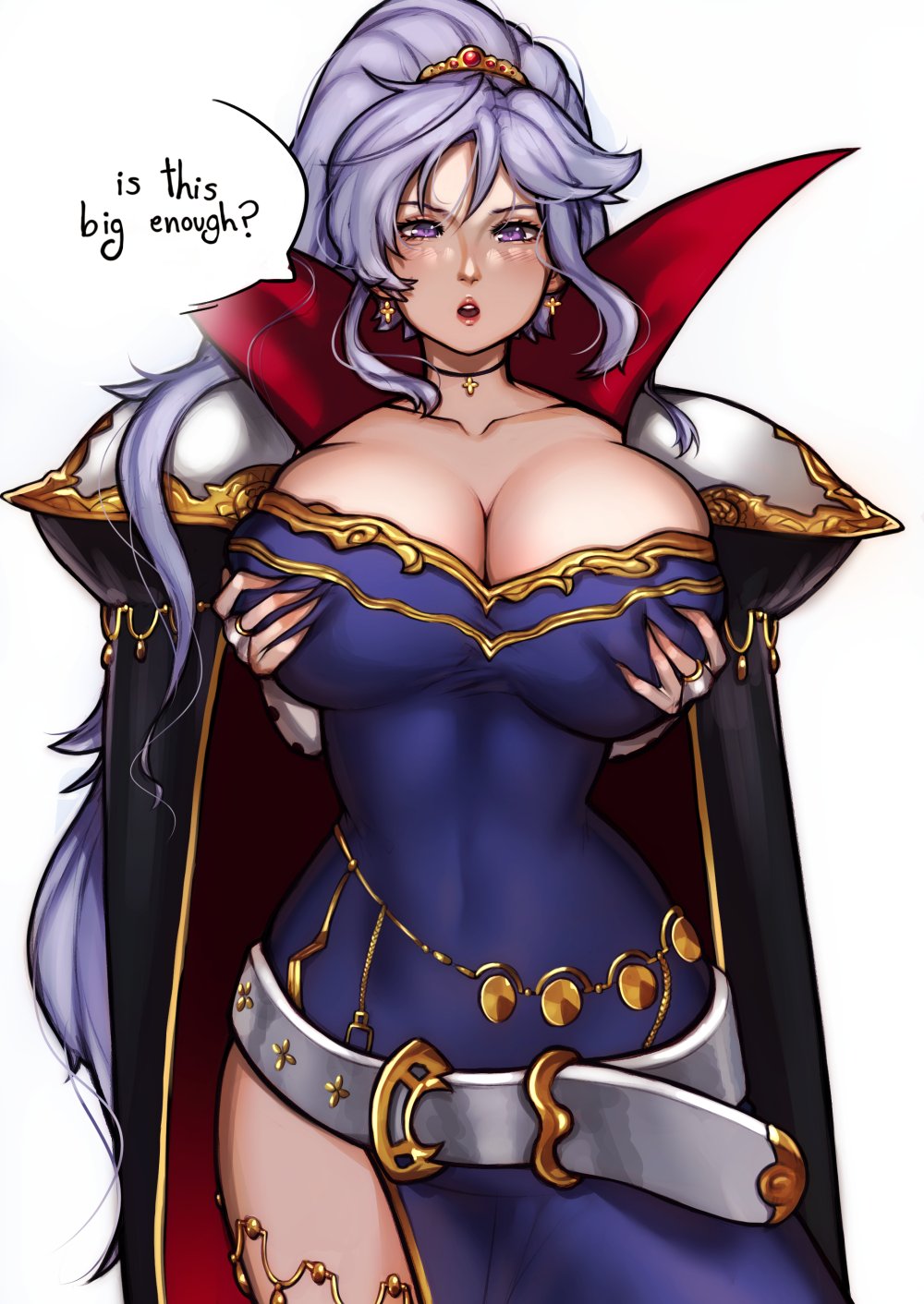 1girls bare_thighs breasts cleavage earrings english_text fire_emblem fire_emblem:_genealogy_of_the_holy_war grabbing_own_breast hourglass_figure huge_breasts ishtar_(fire_emblem) long_hair looking_at_viewer mariezone nintendo ponytail purple_eyes purple_hair solo text very_long_hair white_background wide_hips