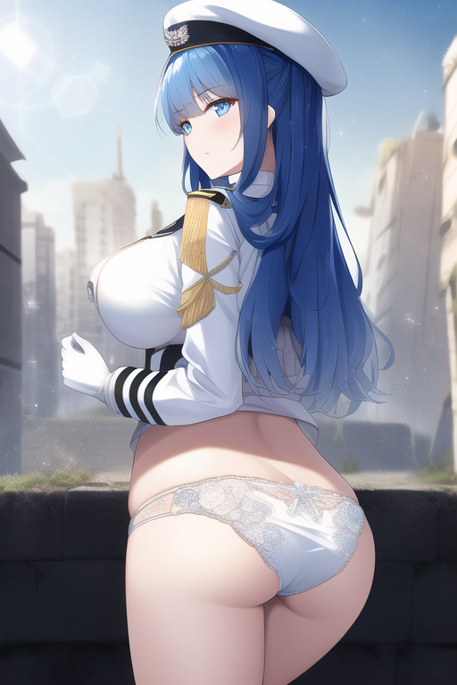 ai_generated ass ass_cleavage blue_eyes blue_hair blush bottomless breasts butt_crack exhibitionism female from_behind gloves goddess_of_victory:_nikke hat helm_(nikke) huge_ass large_breasts long_hair looking_at_viewer nai_diffusion no_pants no_skirt panties sailor_shirt shiny shiny_hair shiny_skin sideboob solo stable_diffusion very_long_hair