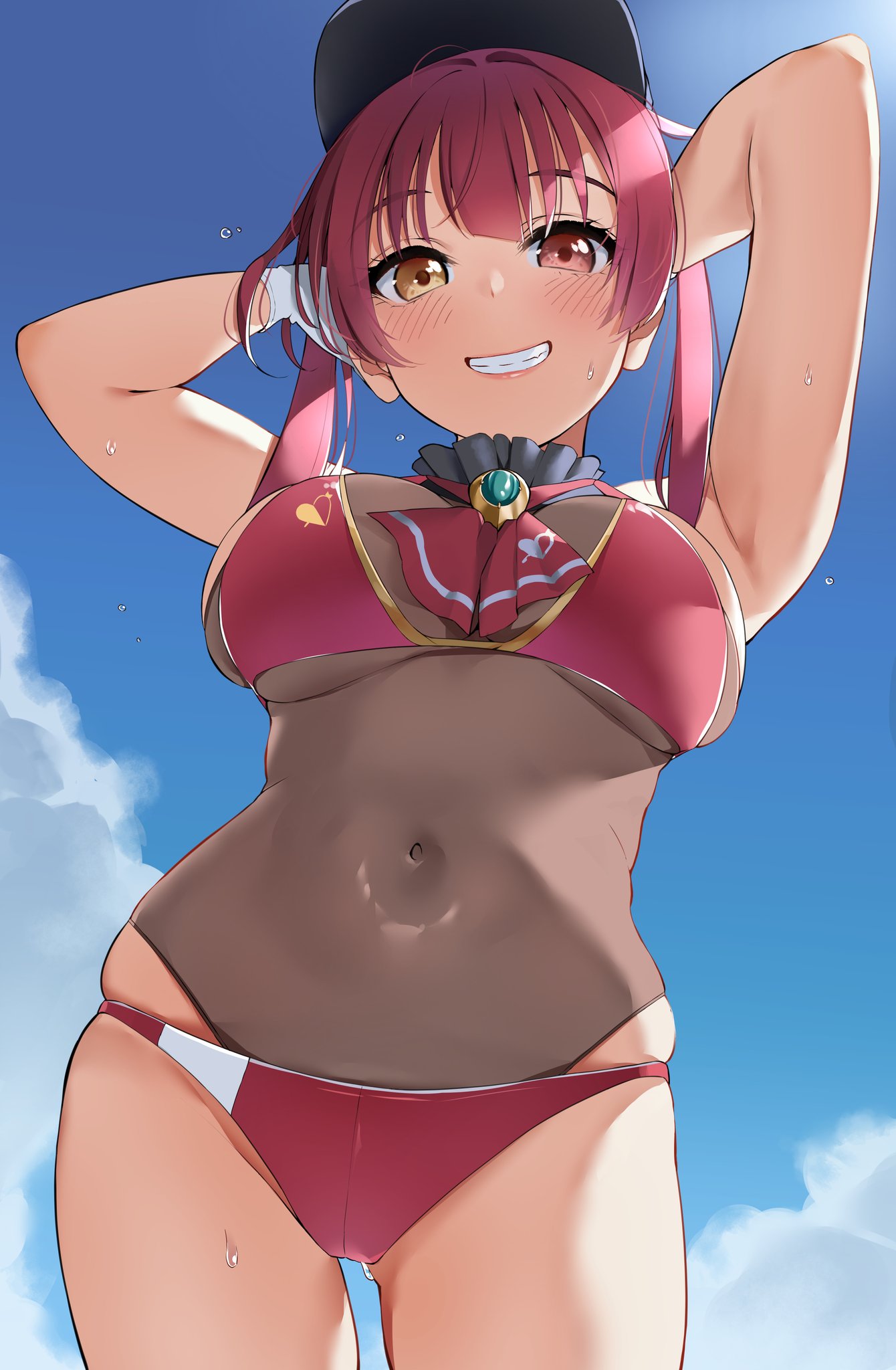 armpits arms_behind_head arrow_through_heart between_breasts bikini black_headwear blush bodystocking breasts curvy female gloves hat heterochromia highres hololive hololive_fantasy hololive_japan houshou_marine igarashi_kyouhei large_breasts leotard leotard_under_clothes long_hair looking_at_viewer navel plump red_bikini red_eyes red_hair red_ribbon ribbon see-through skindentation smile solo sweat swimsuit twintails virtual_youtuber voluptuous yellow_eyes