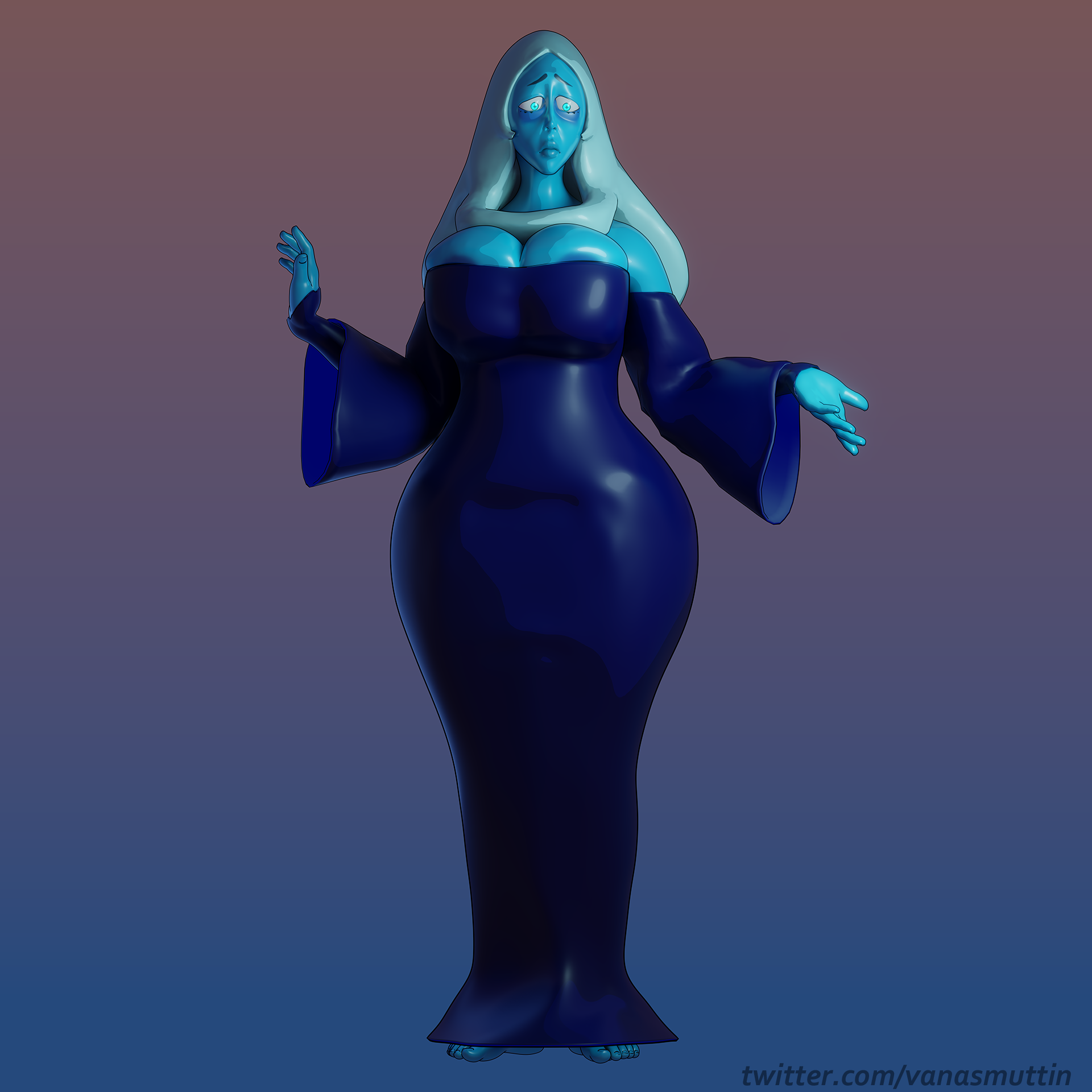 3d, 3d (artwork), ass, blender, blue diamond (steven universe), blue skin, breasts, bursting breasts, child bearing hips, dress, female, gem (species), giantess, gigantic ass, huge ass, huge breasts, inverted nipples, long hair, steven universe, vanasmut, wide hips
