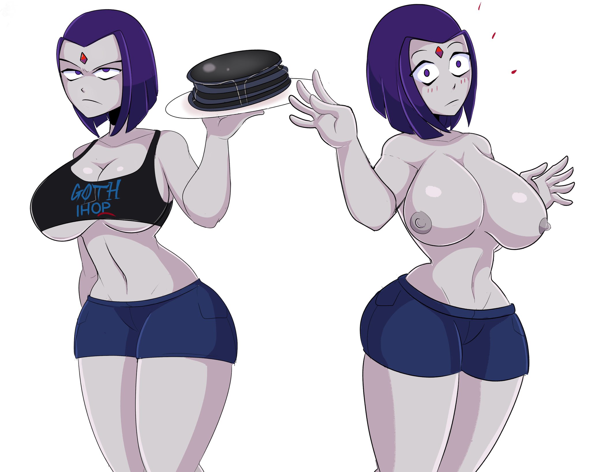 1girls, annoyed, areolae, bob cut, breasts, cleavage, dc, dc comics, female, female only, forehead jewel, frown, goth, goth ihop, grey skin, ihop, large breasts, looking at viewer, nipples, pancake, purple hair, rachel roth, raven (dc), saltynoodles, short hair, shorts, solo, surprised, tank top, teen titans, text, topless, underboob, waitress