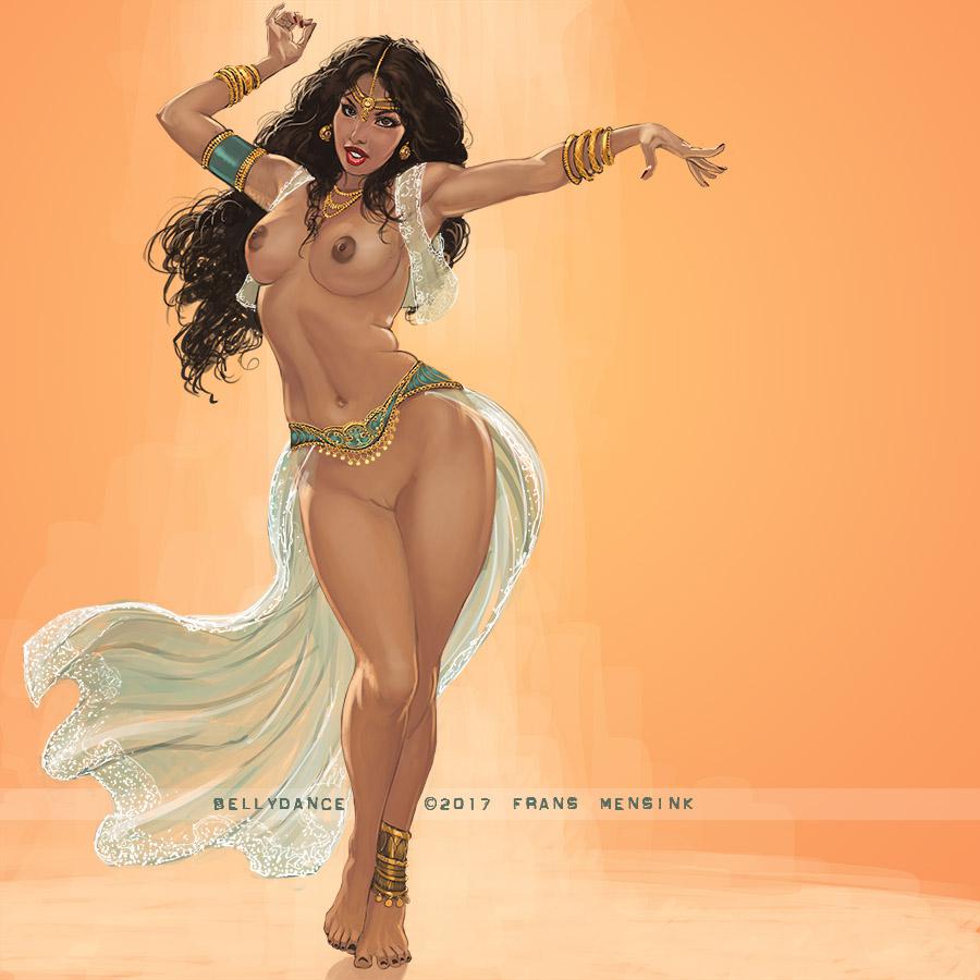 1girls anklet belly_dancer belly_dancer_outfit brown_eyes brown_hair dancer dancer_outfit dancing dark-skinned_female frans_mensink gold_(metal) gold_jewelry harem_girl harem_outfit jewelry jewelry_only large_breasts looking_at_viewer open_vest original original_character pussy shaved_pussy