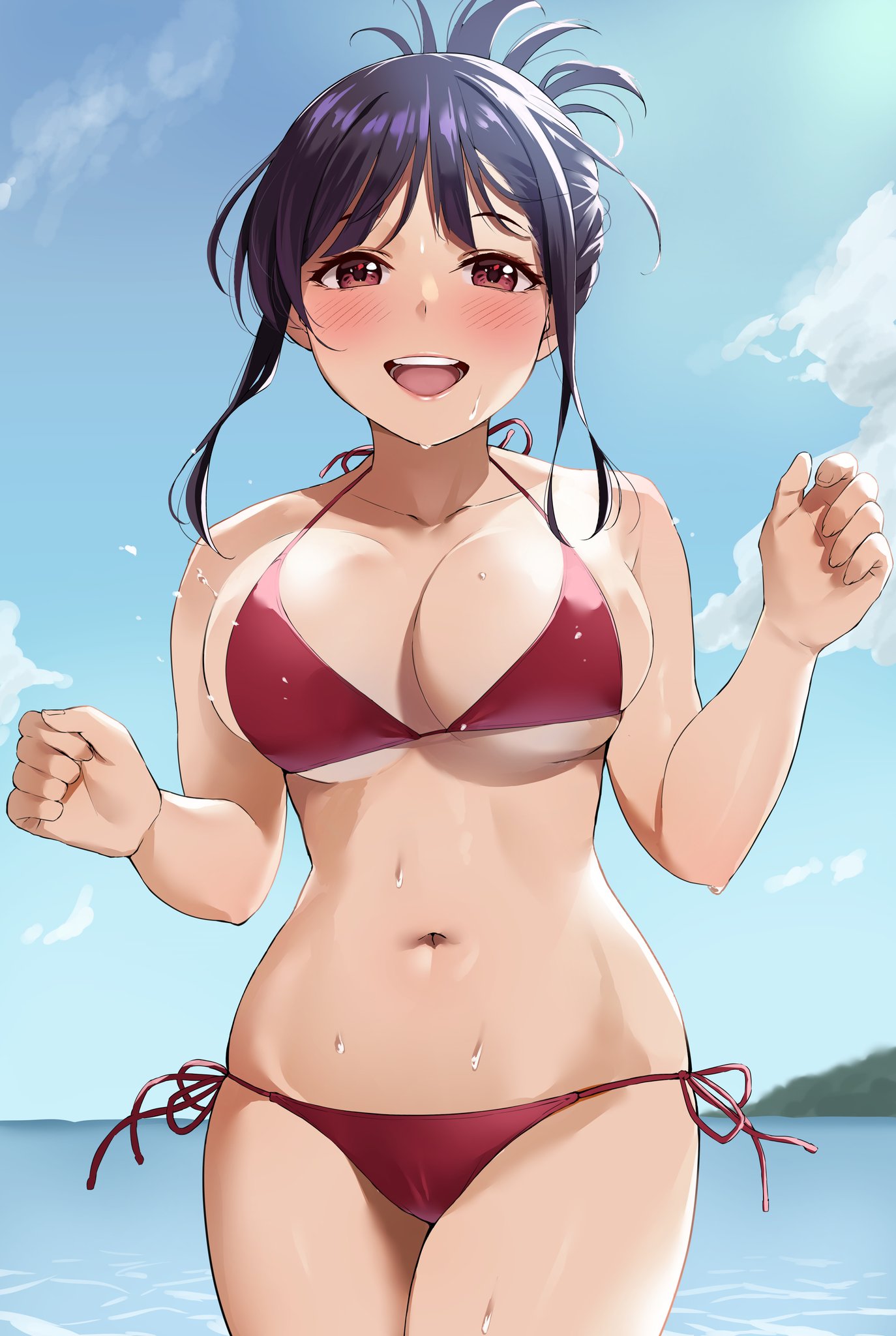 beach, bikini, black hair, blue sky, breasts, brown eyes, cloud, commentary request, cowboy shot, day, elder cousin (igarashi kyouhei), female, folded ponytail, highres, horizon, igarashi kyouhei, large breasts, long hair, looking at viewer, navel, ocean, original, outdoors, red bikini, side-tie bikini, sky, smile, solo, stomach, swimsuit