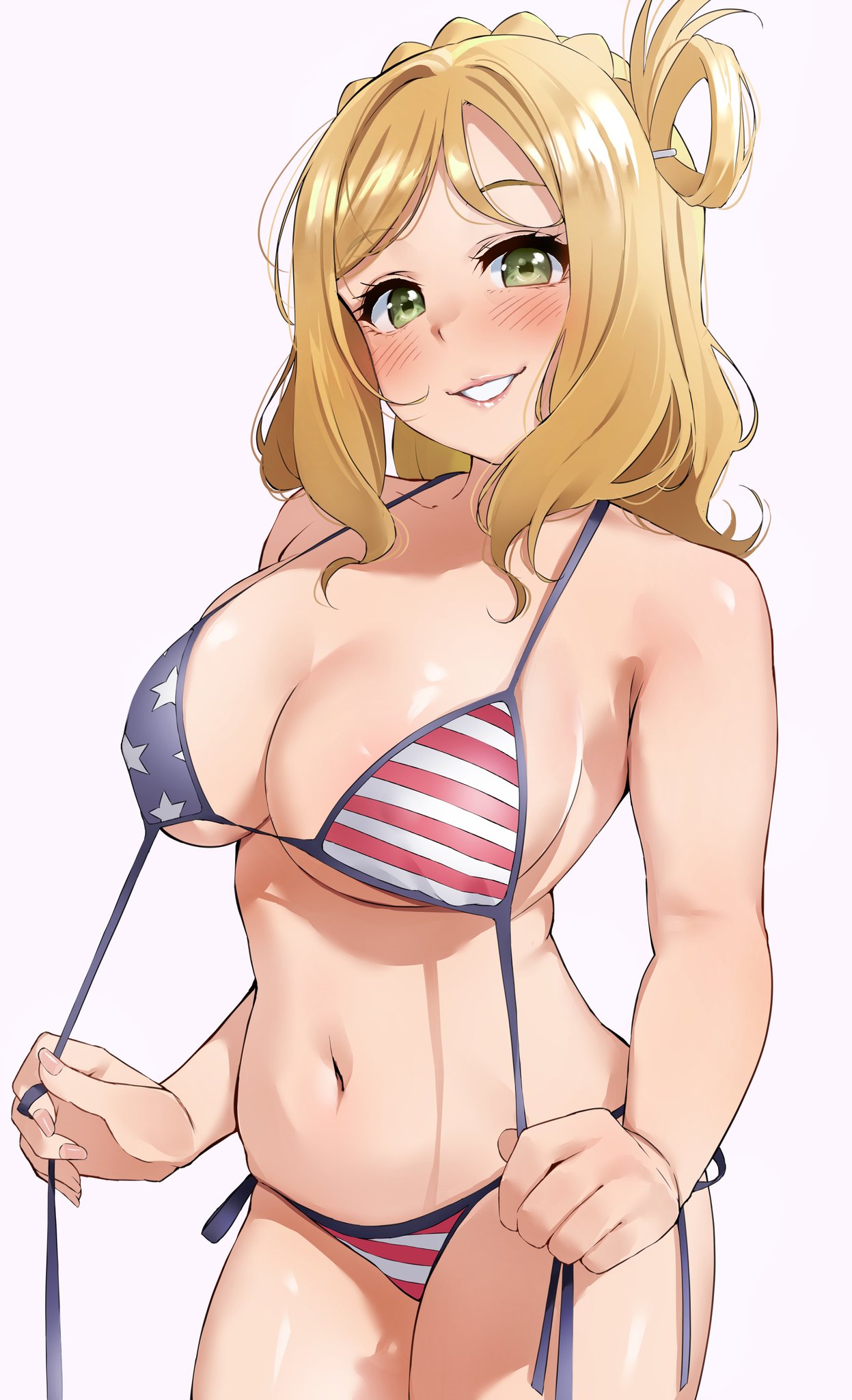 american flag, american flag bikini, bikini, bikini pull, blonde hair, blush, braid, breasts, cleavage, clothes pull, crown braid, female, flag print, green eyes, hair rings, highres, igarashi kyouhei, large breasts, long hair, looking at viewer, love live!, love live! sunshine!!, navel, ohara mari, simple background, smile, solo, swimsuit