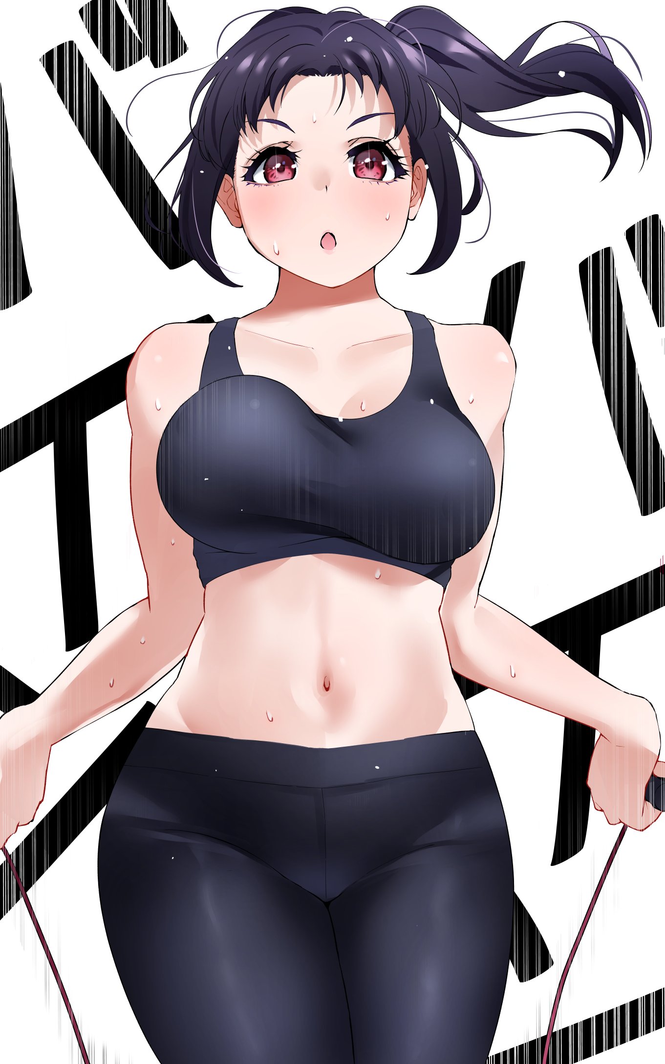 :o, bangs, bare shoulders, black pants, black tank top, bouncing breasts, breasts, brown eyes, collarbone, commentary request, crop top, female, highres, igarashi kyouhei, jump rope, jumping, kazuno sarah, large breasts, love live!, love live! sunshine!!, navel, open mouth, pants, parted bangs, ponytail, purple hair, serious, sidelocks, solo, sports bra, stomach, sweat, tank top, tight, tight pants, yoga pants