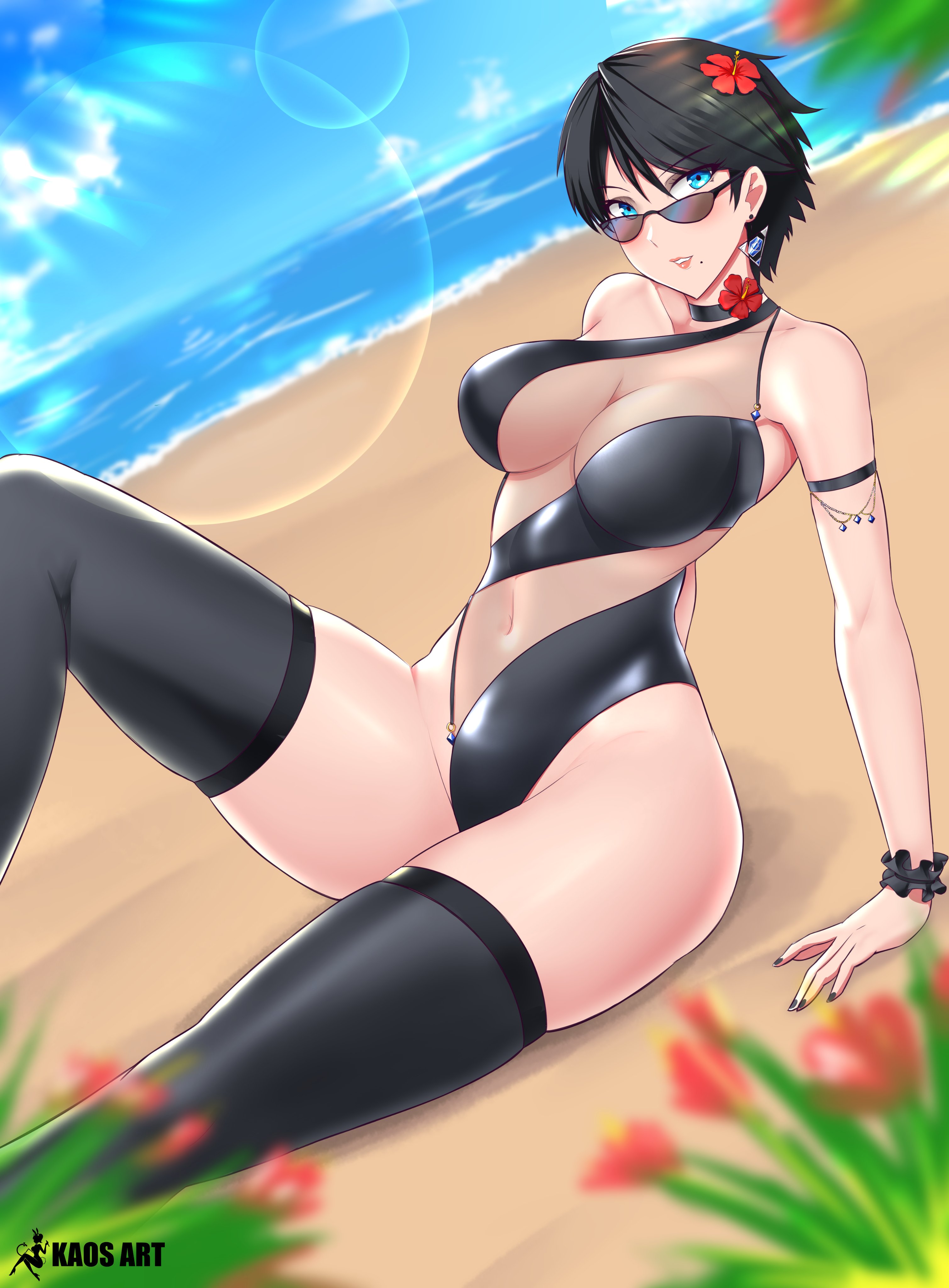 1girls, bayonetta, bayonetta (character), bayonetta 2, beach, beauty mark, black hair, blue eyes, breasts, cleavage, female, female only, flower, flower in hair, glasses, kaos art, lingerie, lipstick, looking at viewer, nail polish, ocean, one-piece swimsuit, outdoors, outside, painted fingernails, painted nails, revealing clothes, sand, short hair, sitting, solo, swimsuit, thigh highs, thighhighs, water, white skin